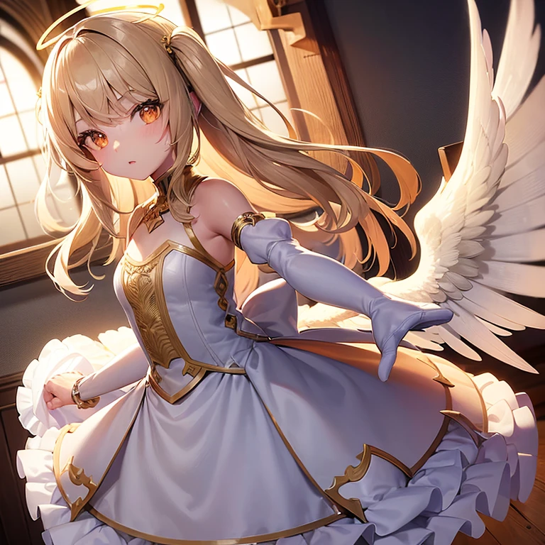 girl. Petite. Angel. Blonde. No halo. White feathery wings. White arm sleeves. Orange eyes. White dress with gold.