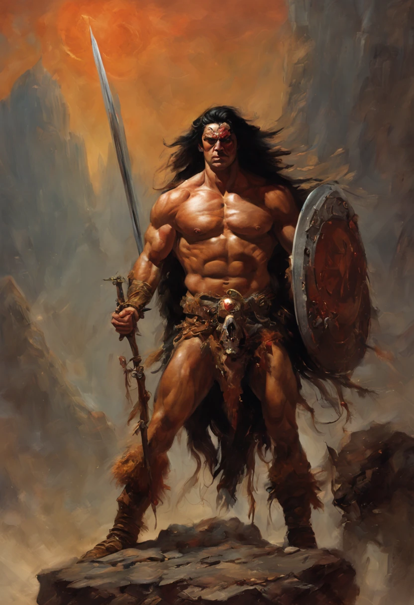 (painting of frank frazetta),(inspired by frank frazetta:1.2),fantasy theme,(oil painting),a brave giant,((floating long black hair decorated with red featherloody eyes,shiny skin,highly naked,strong,muscular,handsome,(Hair with long red feathers),tattooed, body,boots,cold weapon,wild place background with spear,skulls and crossbones spread on the field,.,(fighting scene:1.1),((epic:1.1)),(Grand and solemn:1.1),((An atmosphere of terror)),the giant fighting with a hyena and lion from out planet,(masterpiece),(best quality:1.2),official art,(extremely detailed CG unity 8k wallpaper),(photorealistic:1.4),ultra high res,close up,with giant as the main body,low key,dark light,cinematic light,dim light,heavy shadow,solo,
