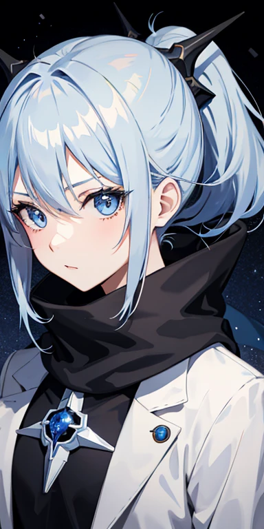 anime girl, blue eyes, psycho expression, very short sky blue hair, pointy ponytail, modern mage attire, grey scarf, winter magic, ice witch magic