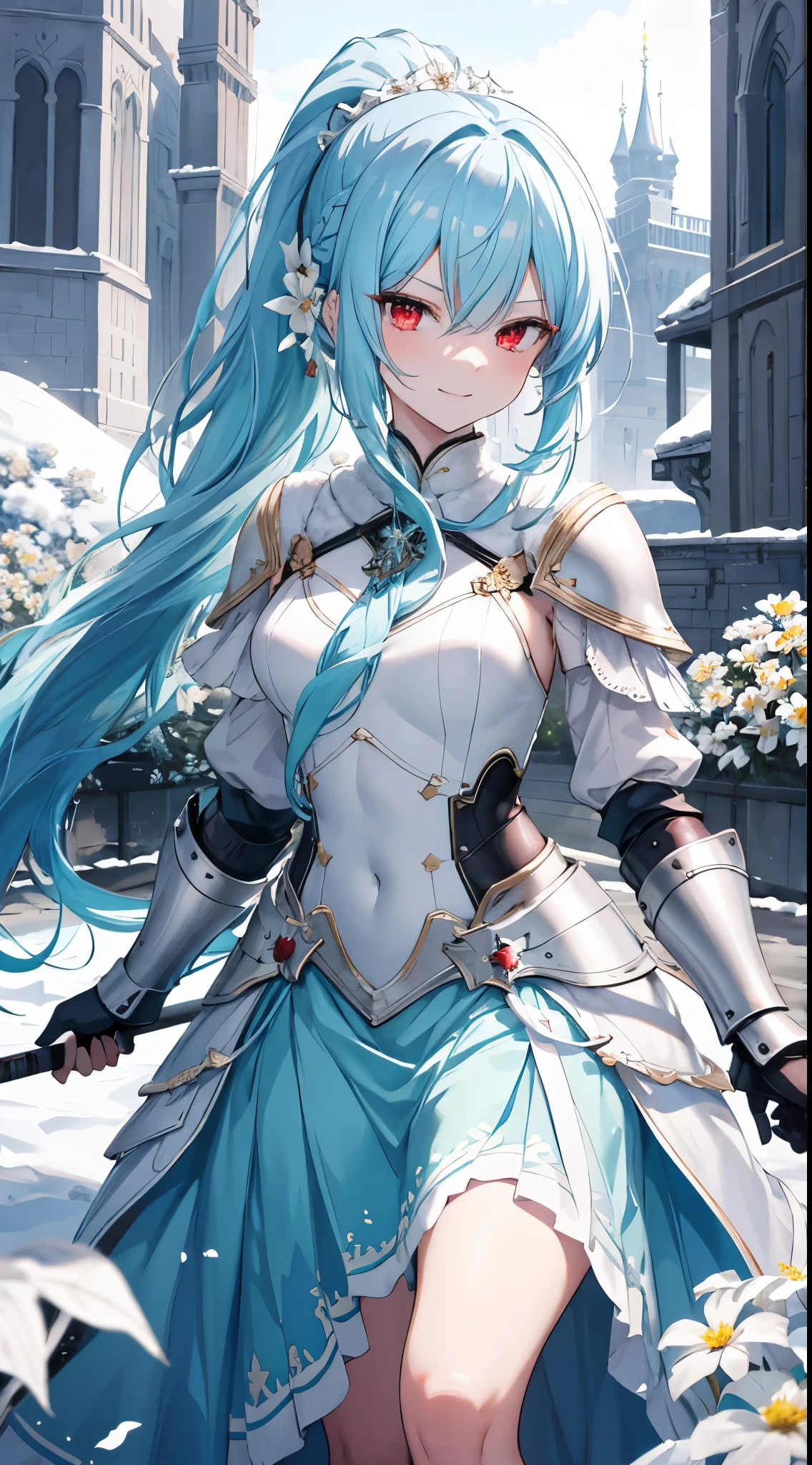 [[[ ultra-detailed, best quality, soft skin, beautiful, 4K]]] high definition, cyan hair, silky hair, red eyes, long hair, ponytail, battle maiden plated armor, slim body, long skirt, snowy palace, white flower hairpin, princess, smirking