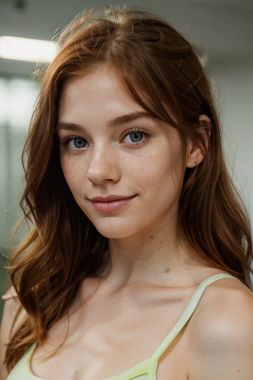 Woman, American, 25 years old, fair skin with freckles, green-gray eyes, delicate nose, soft and delicate lips, long wavy ginger-hair, sweet smile. In a modern gym