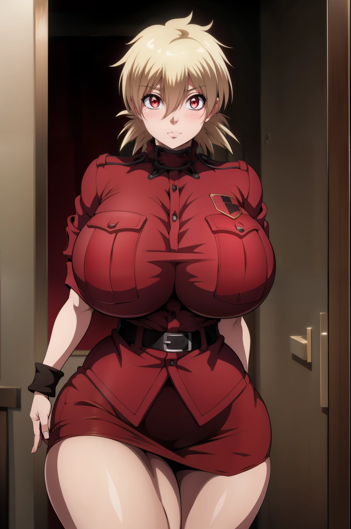 High resolution, Hellsing Ultimate art style, Seras Victoria, 1girl, ((bimbo))), short blond hair, red eyes, puffy lips, thick lips, wide hips, thick thighs, enormous fake breast, huge ass, round fake breasts, romantic cute face, girlfriend, blushing, tight police uniform, red skirt, breasts squeezed together, breasts about burst out of top,