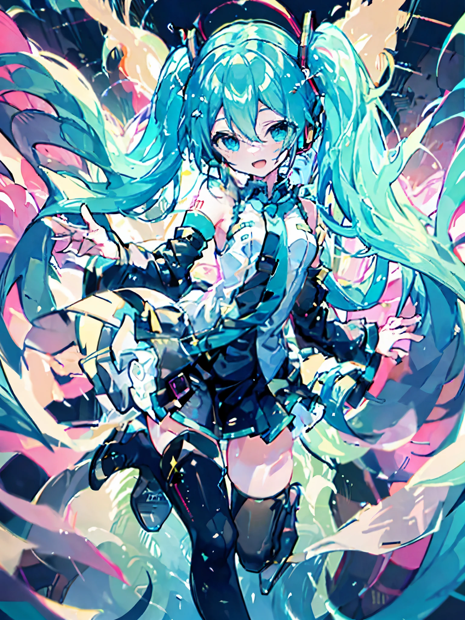 hatsune miku, Happy, smile, open your mouth, singing, dancing, highest quality, High resolution. intricate details,highest quality, chromatic aberration, 1 girl, alone, wet skirt, hatsune miku, long hair, thighs, twin tails, removed sleeve, tie, Thigh boots, boots, No sleeve, headset, aqua eyes, pleated skirt, aqua hair, whole body, No sleeve Shirt,  background, Very long hair, 白色のbackground, black footwear, 黒いthighs, hair ornaments