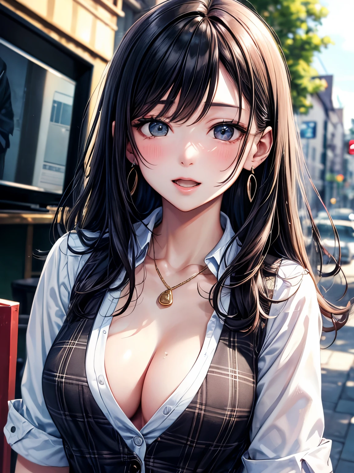 (muste piece: 1.3), (maximum resolution: 1.2), (ultra high definition tv: 1.2), cinema light,ticker, 8K resolution,, perfect style, pretty face, correct, anatomically correct, Highly detailed face and skin texture、black hair medium long、black and white plaid vest、blush erotic face、earrings and necklace、、open your mouth、bright sunshine、White dress shirt、cleavage、machine、((outside cafe))、black mini skirt、stick out one ear
