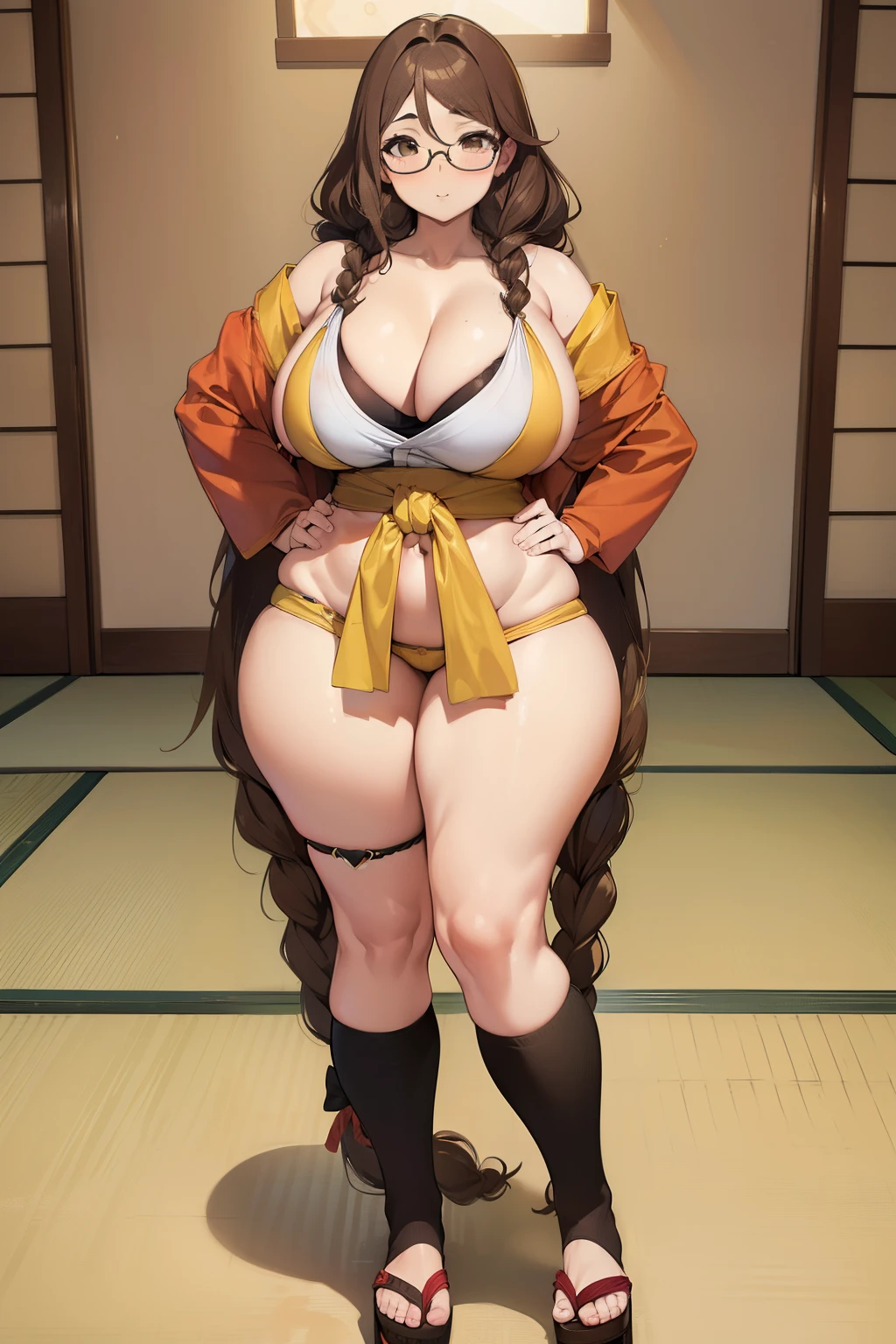 ((Giant saggy tits)),((caderas anchas)),((Chica blanca)),((Long brown hair with braids)),((brown eyes)),((thicc thights)),((gafas)),Thicc MILF,((Ropa de diosa japonesa)),((full body))