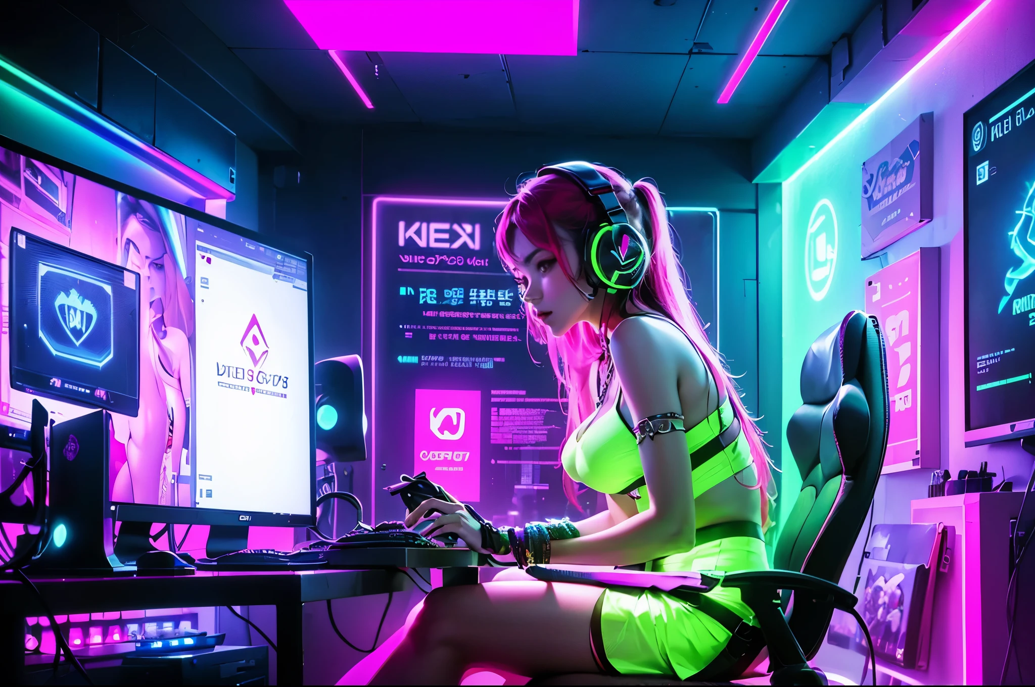 (beautifull gamer lady, looking to the computer, wearing headphone, sit on luxury gaming chair, wearing dress, mini sport neon bra and neon mini skirt, expensive gaming room, full of gaming tools, from front view, neon flex on the wall, lamp off, expensive gaming pc on gaming desk,(show cleaveage), beautifull face, beautifull eyes, beautifull nose, sexy lips, raytracing, nsfw, beautifull fingers, beautifull hands, sexy belly, sexy body, sexy shoulders, sexy legs, sexy hips, (luxury bracelet), (luxury ring), (luxury necklace), white skin, (4 fingers in 1 hand), full body picture, pretty makeup, good lighting, realistic shadow, professional photography, blue color scheme, 2k resolution, perfect anatomy, make the atmosphere in room looks intense, make the room looks very expensive, masterpiece, best quality:1.2),,(8k,highres,RAW photo,realistic,photo-realistic:1.3),(detailed skin texture,detailed cloth texture,beautiful detailed face:1.25),professional lighting,photon mapping,beautiful soft light,radiosity,physically-based rendering,raytracing, model shoot style, model shoot style, (extremely detailed CG unity 8k wallpaper), full shot body photo of the most beautiful artwork in the world,