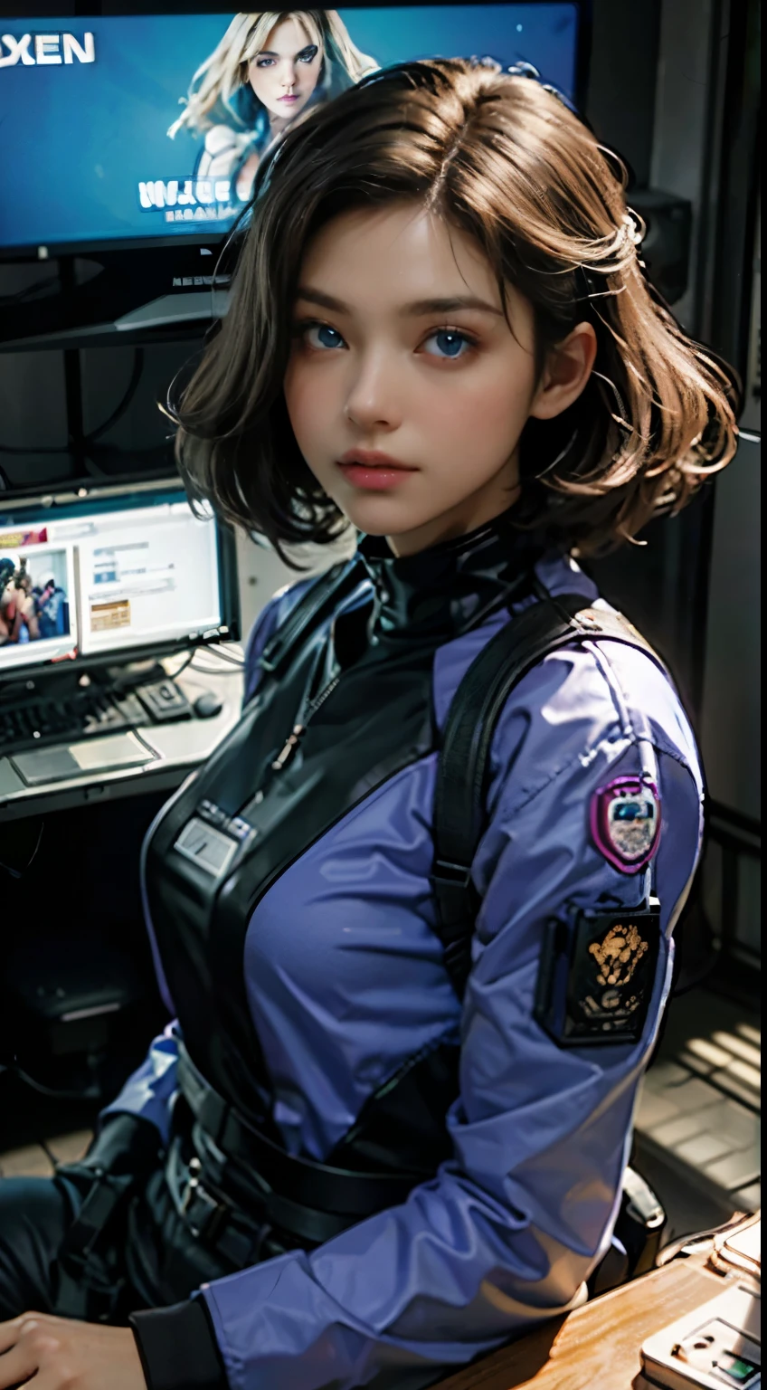 ((Best quality)), ((masterpiece)), (highly detailed: 1.3), 3D, NeonNoir, brunette, cyberpunk, man, blond hair, blue eyes (using the head mounted display that is thick and hi-tech: 1.2), using a cover, a computer terminal, PURPLE NEON MONITOR LIGHT, GREEN NEON SIGNS ON THE WALL,