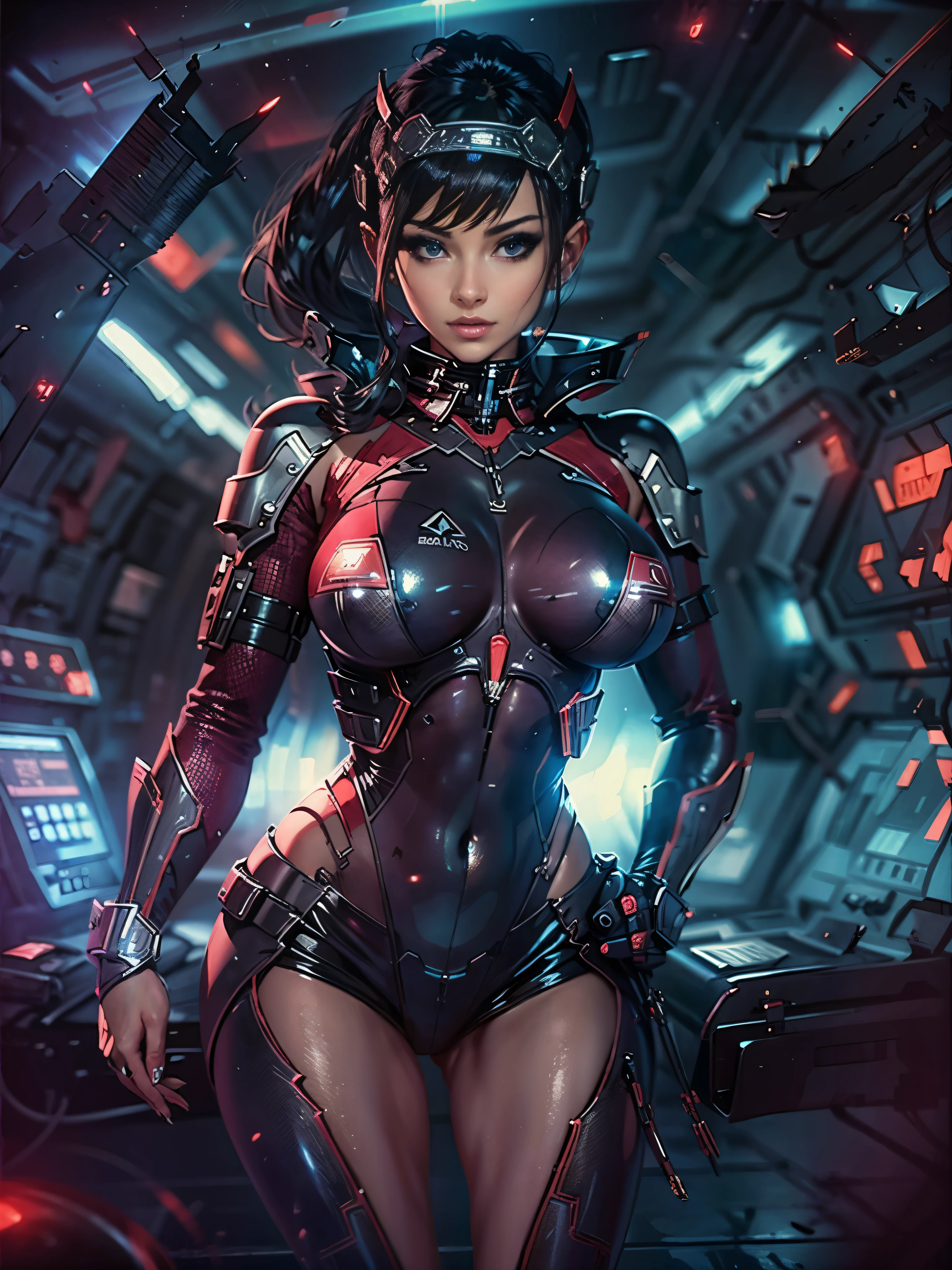 Masterpiece, art, young beautiful woman, flawless skin, smooth skin, very large firm breasts, perfect proportions, space captain, in navigation center, holographic planet display, red alarm lights, dark, gloomy, bikini outfit, in the future, anime, sexy, erotic, UHD resolution, realistic detail, realistic reflections, realistic shadows, 3D,