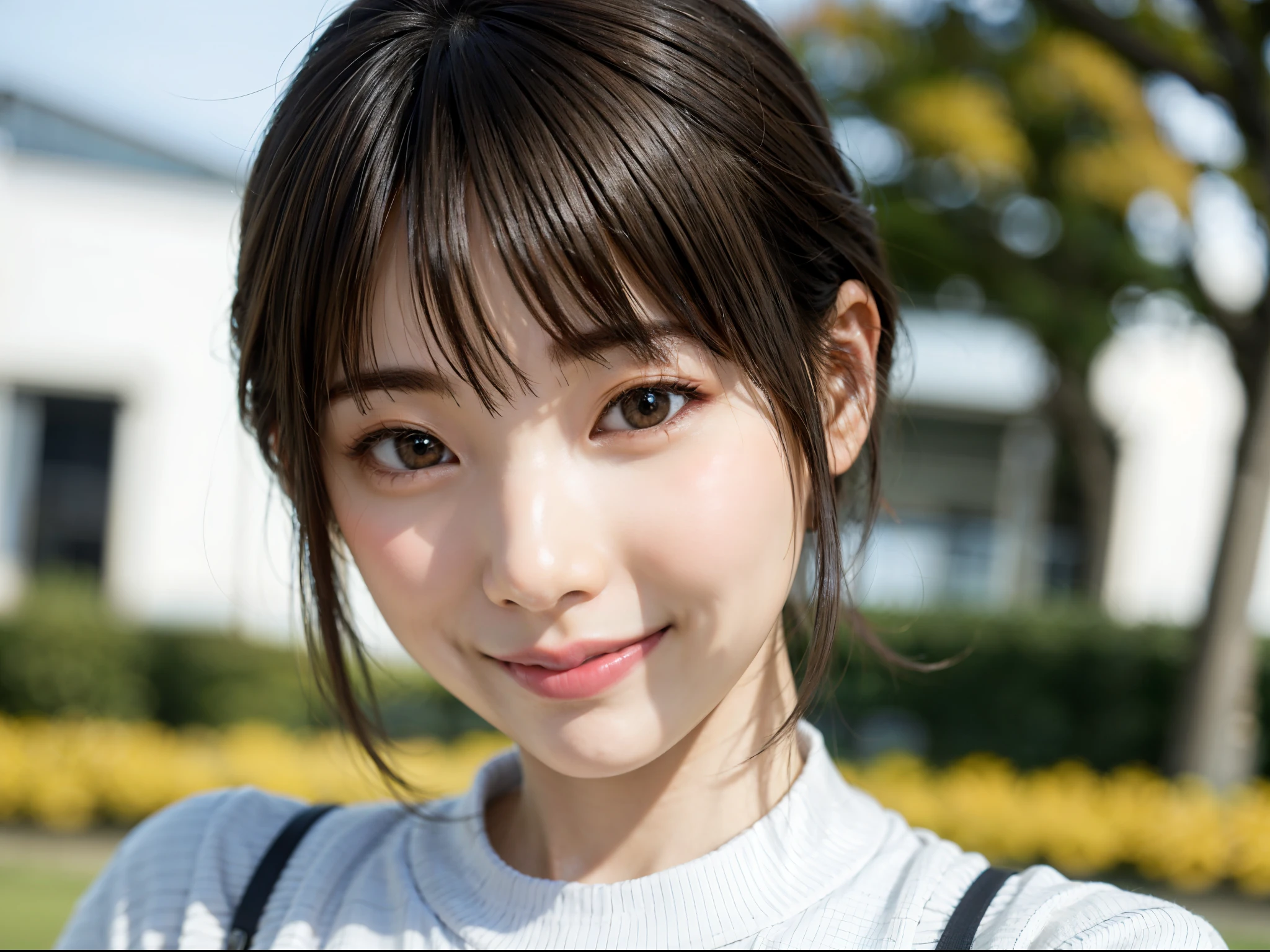 Woman posing on a background of autumn leaves, highest quality, 女の子1アジアpeople, cute, cute face, rough skin, beautiful smile, bright, photo with blurred background, On a date, Bokeh, outdoors, (Street style: 0.8), (people々, crowd: 1), short hair 1.2, beautiful sky details, (dynamic pose: 1.2), (upper body: 0.8), soft lighting, Wind, Glossy skin, smile, 紅葉のWind景, beautiful slender eyes, (sweater: 1.1), (short hair: 1.2), floating hair nova frog style,