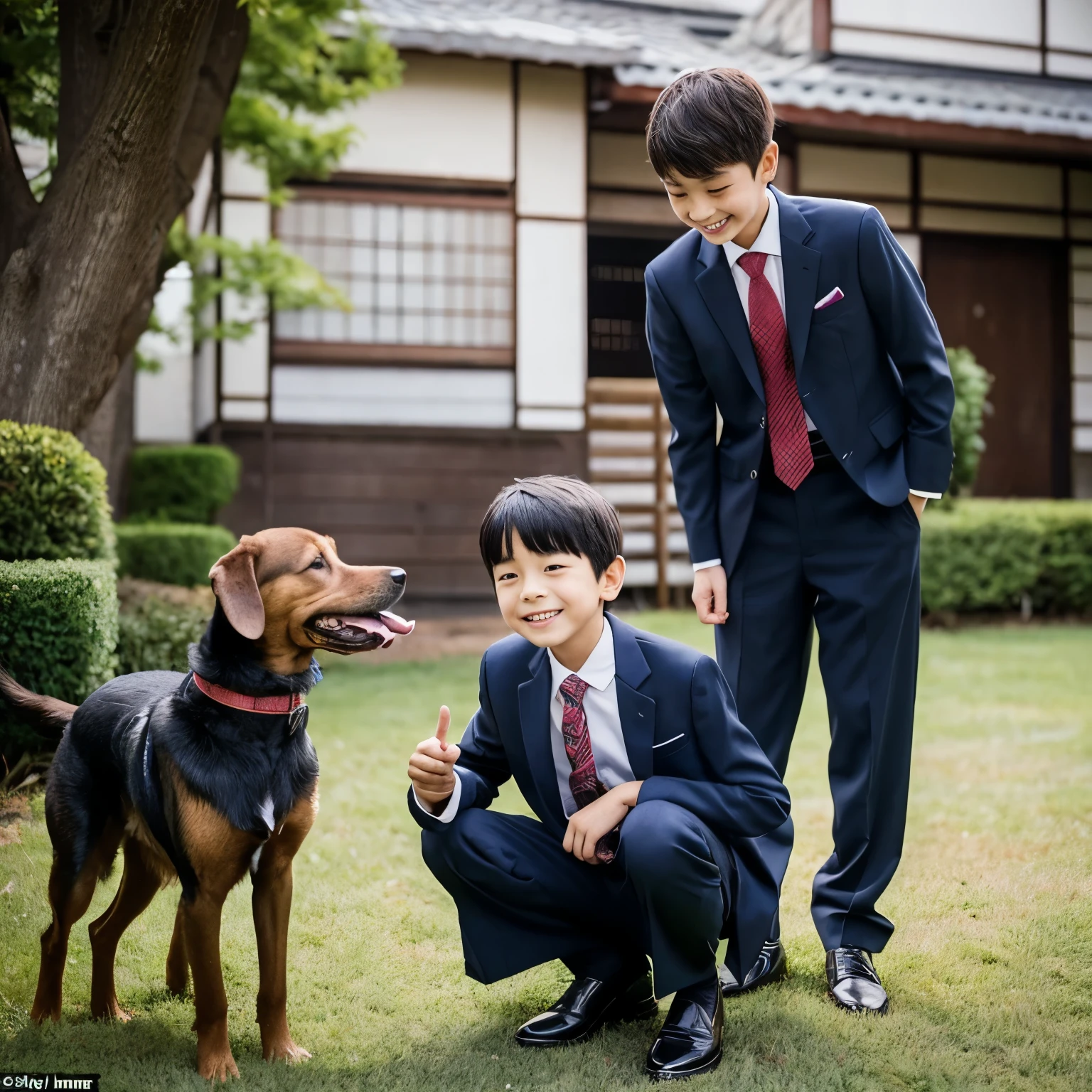 An 8-year-old Japanese boy in a suit stands upright and strokes a dog's head with a smile whole body