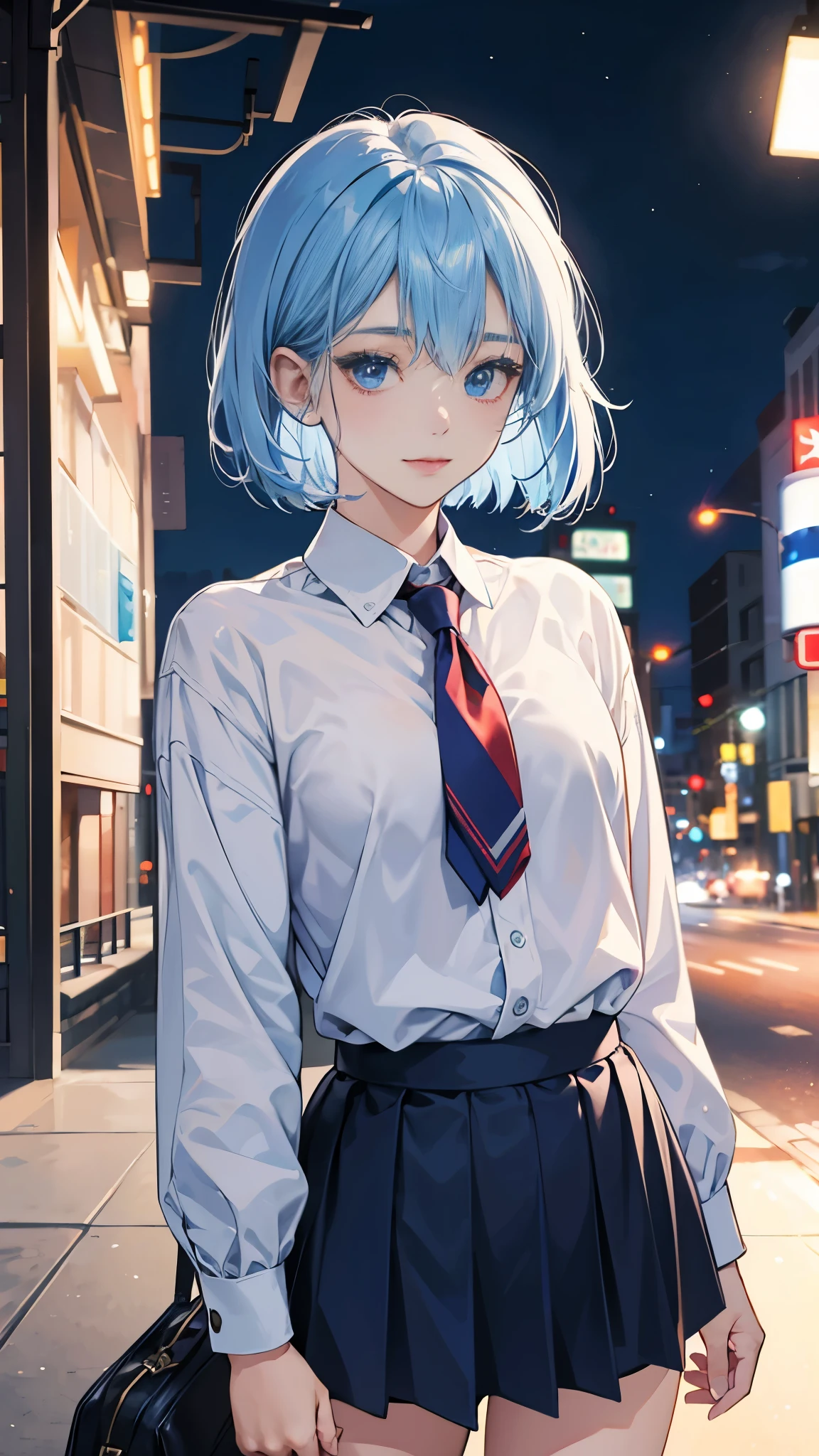 best image quality、highest quality、8K、upper body、school uniform、thighs、long sleeve、light blue hair、bob hair、blue eyes、downtown at night、light blurred background