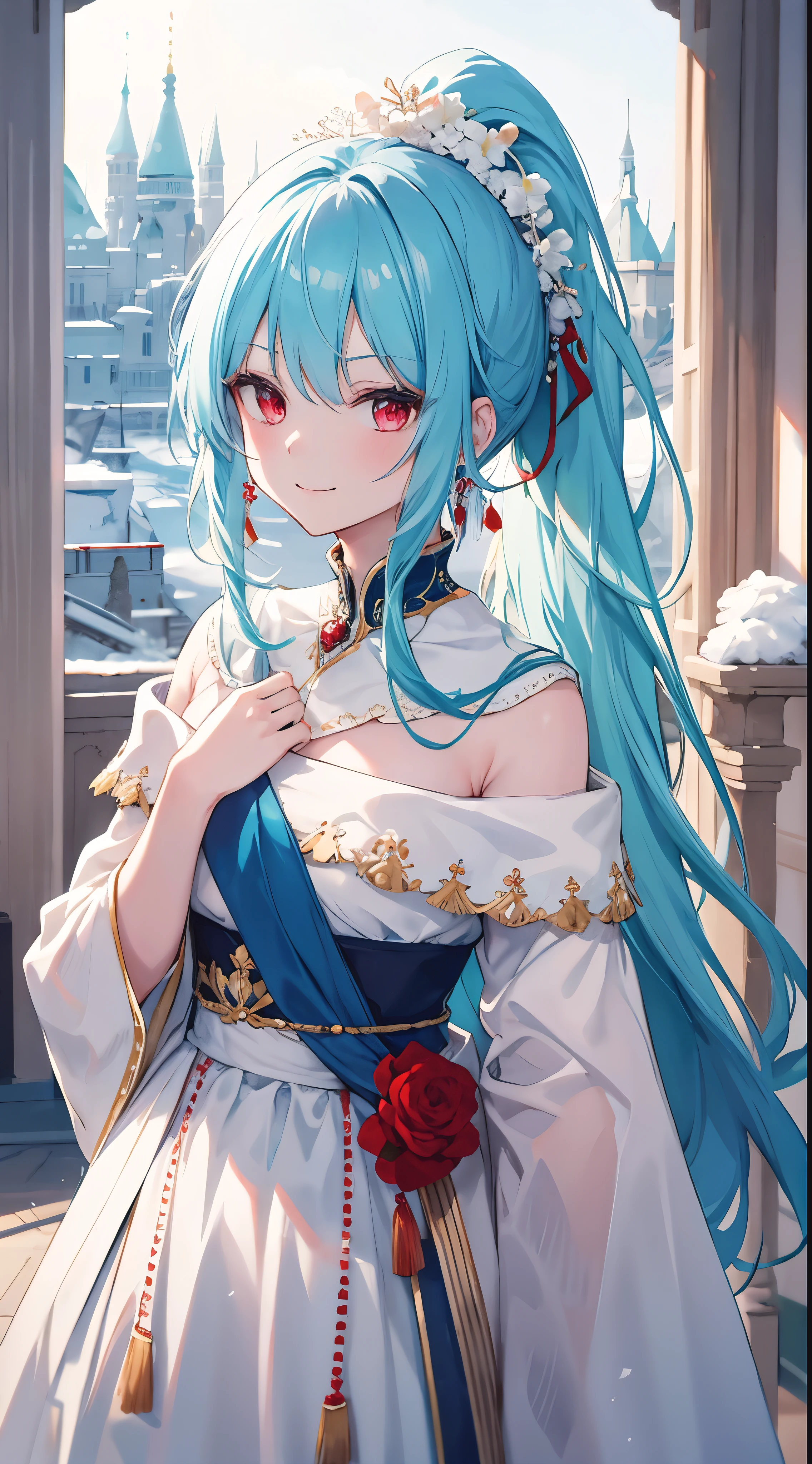 [[[ ultra-detailed, best quality, soft skin, beautiful, 4K]]] high definition, cyan hair, silky hair, red eyes, long hair, ponytail, royal clothes, fit body, snowy palace, white flower hairpin, princess, smirking