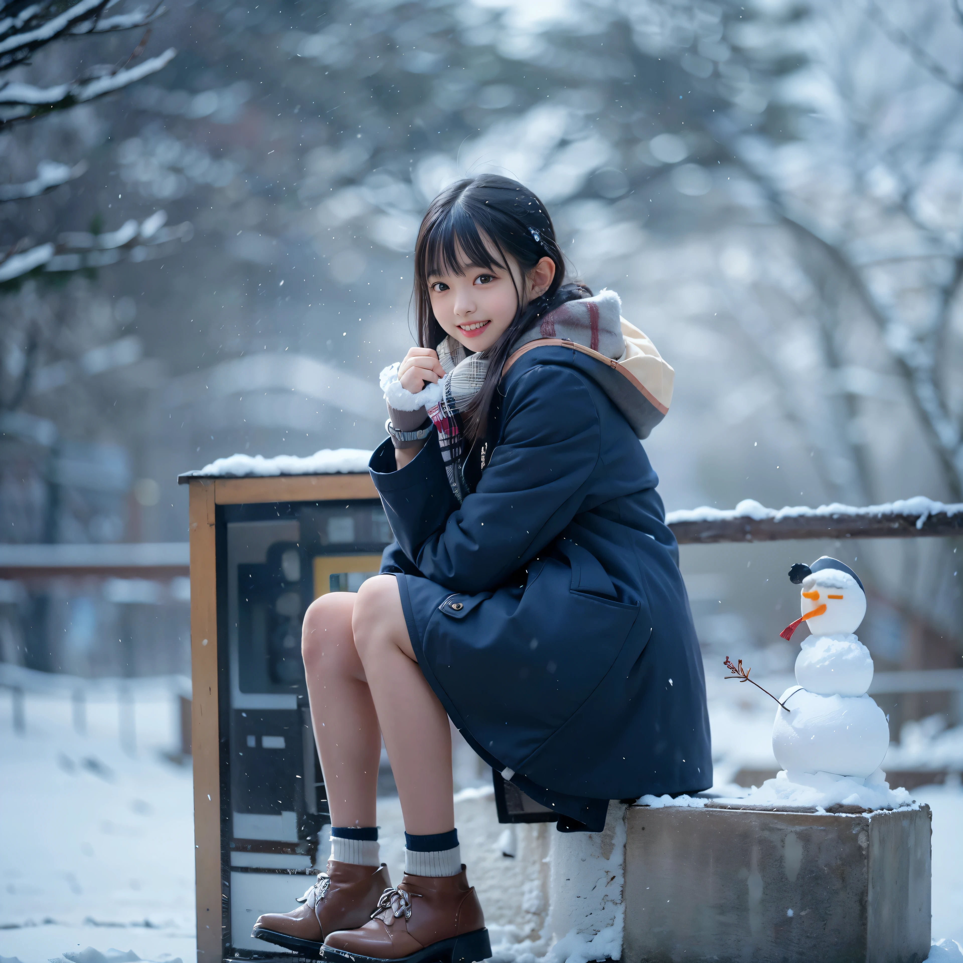 masterpiece、highest quality、super realistic、surreal、Ultra high definition、8k、Raw photo、textured skin、A Nogizaka girl sitting and playing on the snow,(16 years old,medium bob hair,bangs,black hair,floating hair,slim,small face,chest is small,thin waist,small ass,smile showing teeth:1.5),(dark blue duffel coat、sailor school uniform、dark blue pleated skirt、super short skirt、burberry scarf、:1.2)、dynamic pose、snowing、snowy park、snowman、(Natural light、strong sunlight、Moving the chart, film grain、profile、profile、It's blurry、full body shot、very long shot、letterbox、negative space、Sigma 85mm F/1.4)、finder