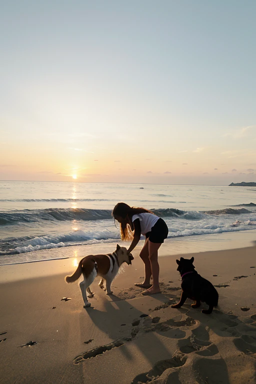 Children playing with dogs on the beach at sunset