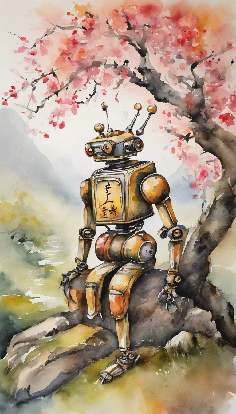 ink painting，Chinese style，Vision，A tin robot sits and sleeps under a huge peach tree