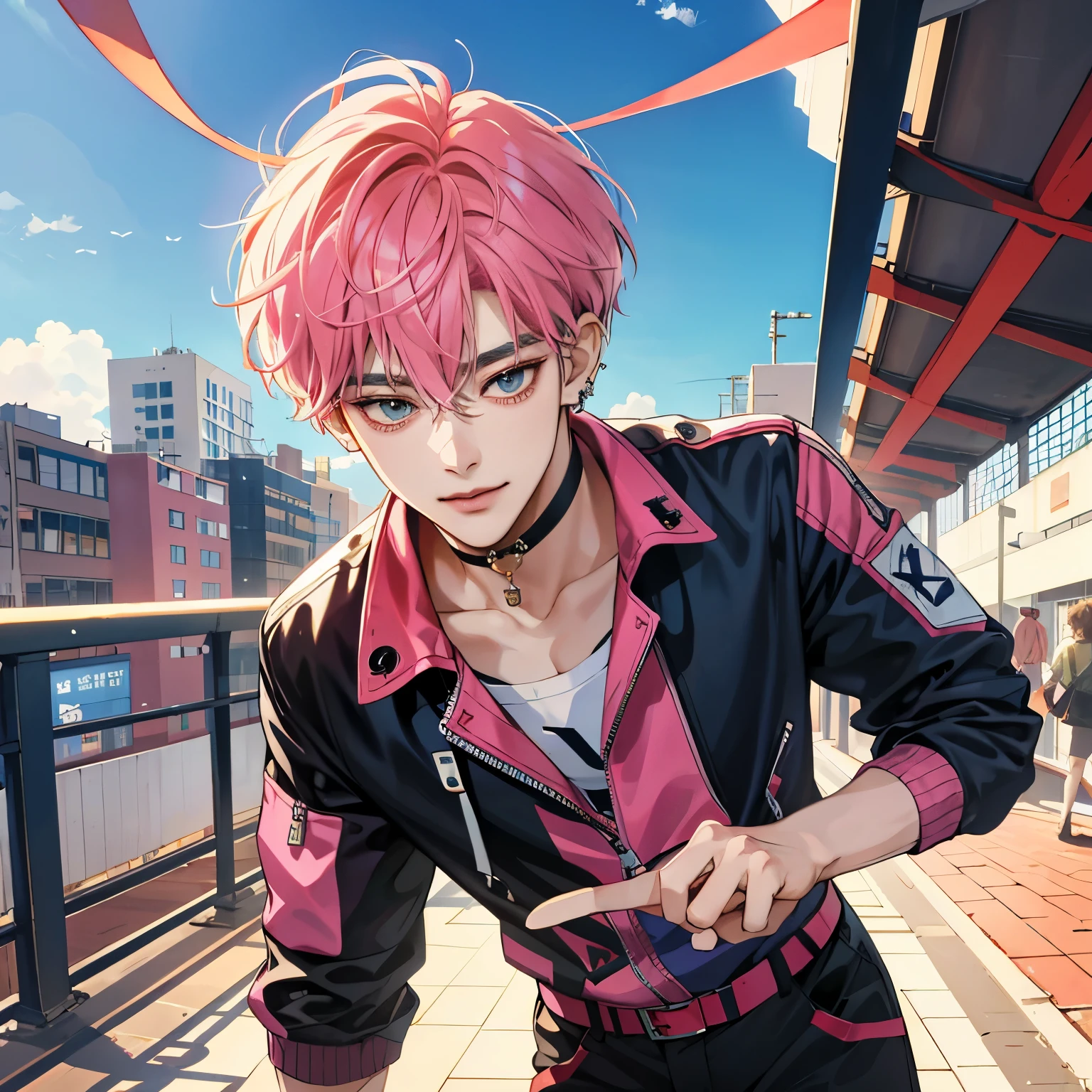 Guviz-style artwork, Made at Anime Painter Studio, anime realismスタイル, realistic anime art style, Drawn at Anime Painter Studio, Inspired by Kim Taehyung, In an anime style, anime handsome guy, Inspired by Kim Taehyung, anime realism、pink hair、A sloppy smile、choker、Multiple piercings、Man with short hair、Male one、Inspired by Kim Taehyung、cityscape、City of the Day、Inspired by Kim Taehyung、flight suit