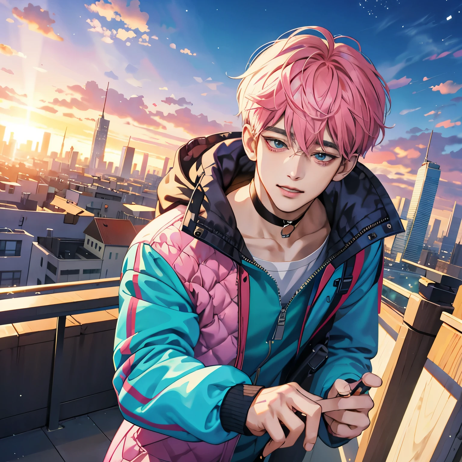 Guviz-style artwork, Made at Anime Painter Studio, anime realismスタイル, realistic anime art style, Drawn at Anime Painter Studio, Inspired by Kim Taehyung, In an anime style, anime handsome guy, Inspired by Kim Taehyung, anime realism、pink hair、A sloppy smile、choker、Multiple piercings、Man with short hair、Male one、Inspired by Kim Taehyung、cityscape、City of the Day、Inspired by Kim Taehyung、flight suit