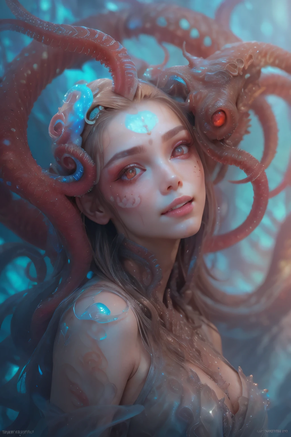 Portrait, (beautiful female alien:1.2), (she has red eyes with no pupils:1.8), (Translucent skin:1.7), (There is a female genital-like organ in the middle of the forehead..:1.9), (The most beautiful face in the history of the universe:1.2),an evil gaze that seduces, (large mouth:1.1), (sharp teeth like a vampire:1.2), Full body portrait, (bio luminescent:1.5), (Smile wickedly:1.3), (sexypose:1.5), alien, No humans, cells are fused, (Lots of translucent tentacles:1.3) extraterrestrial, cell, bio image, best quality, 8K,In 4K_quality, High freshness, Dramatic Lighting, masutepiece:1.5,cinematic quality, detail up, (exquisite details:1.2), high resolution, High freshness, drawing faithfully, (Thick eyebrows:1.2), Beautiful eyes with fine symmetry,(Highly detailed face and eyes:1.2), Intimate face, (Super detailed skin quality feeling:1.4), perfect anatomy, (Beautiful toned body:1.5), (Moist skin:1.2), not wearing makeup, (dark circles:1.1), long canines, cinematic drawing of characters, ultra high quality model, cinematic quality, detail up, (exquisite details:1.2), high resolution, High freshness, drawing faithfully, official art, Unity 8K Wall , 8K Portrait, best quality, Very high resolution, ultra detailed artistic photography, midnight aura, unreal engine 5, Ultra Sharp Focus, art by alberto seveso, ArtGerm, Roisch, intricate artwork, best quality, masterpiece, ultra high resolution, (photos realistic:1.4), ultra realistic realism, dream-like, nautilus, Creation of fantasy, Snail, Dream Snail, (biopunk nautilus:1.3),Thrilling color schemes,ultra realistic realism, seductively smiling, Blue tentacles,