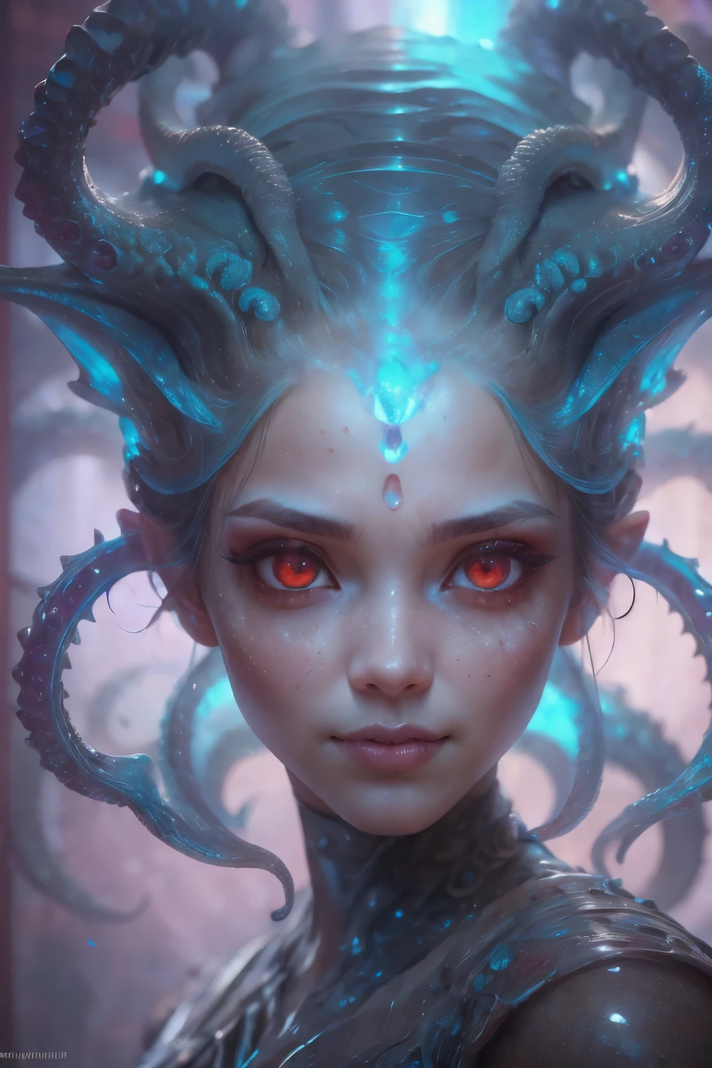 Portrait, (beautiful female alien:1.2), (she has red eyes with no pupils:1.8), (Translucent skin:1.7), (There is a female genital-like organ in the middle of the forehead..:1.9), (The most beautiful face in the history of the universe:1.2),an evil gaze that seduces, (large mouth:1.1), (sharp teeth like a vampire:1.2), Full body portrait, (bio luminescent:1.5), (Smile wickedly:1.3), (sexypose:1.5), alien, No humans, cells are fused, (Lots of translucent tentacles:1.3) extraterrestrial, cell, bio image, best quality, 8K,In 4K_quality, High freshness, Dramatic Lighting, masutepiece:1.5,cinematic quality, detail up, (exquisite details:1.2), high resolution, High freshness, drawing faithfully, (Thick eyebrows:1.2), Beautiful eyes with fine symmetry,(Highly detailed face and eyes:1.2), Intimate face, (Super detailed skin quality feeling:1.4), perfect anatomy, (Beautiful toned body:1.5), (Moist skin:1.2), not wearing makeup, (dark circles:1.1), long canines, cinematic drawing of characters, ultra high quality model, cinematic quality, detail up, (exquisite details:1.2), high resolution, High freshness, drawing faithfully, official art, Unity 8K Wall , 8K Portrait, best quality, Very high resolution, ultra detailed artistic photography, midnight aura, unreal engine 5, Ultra Sharp Focus, art by alberto seveso, ArtGerm, Roisch, intricate artwork, best quality, masterpiece, ultra high resolution, (photos realistic:1.4), ultra realistic realism, dream-like, nautilus, Creation of fantasy, Snail, Dream Snail, (biopunk nautilus:1.3),Thrilling color schemes,ultra realistic realism, seductively smiling, Blue tentacles,