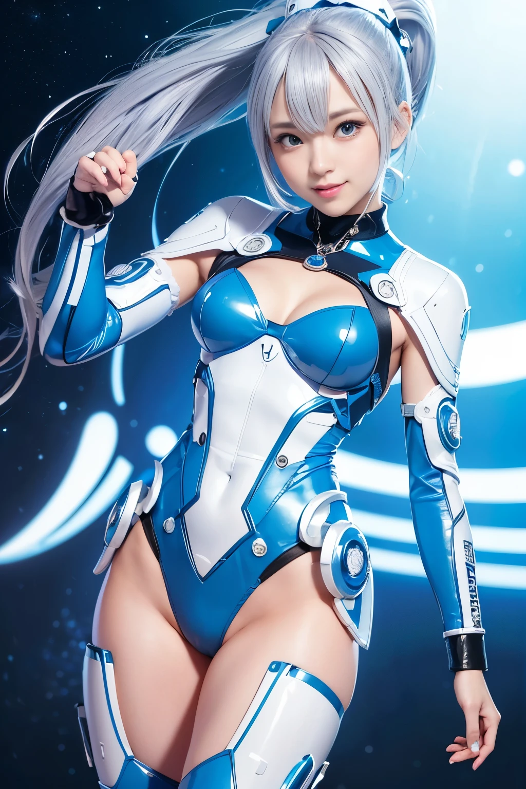 (Best Quality, High resolution, masutepiece:1.2), Ultra-detailed, Realistic:1.37, (Perfect Anatomy),1 girl in, cowboy  shot, Cute and beautiful 18 year old Japanese woman,(Transform into a kawaii robot:1.1),Standing posture,eye glass,A smile,beautidful eyes,Beautiful skins, detailed facial features, intricate hair, (Futuristic sax blue and white vynil kawaii robot costume and futuristic design boots details:1.1),　Metal necklace,Futuristic hair ornament, attractive idol makeup,Silver-haired ponytail，kawaii Pose,cyber lab