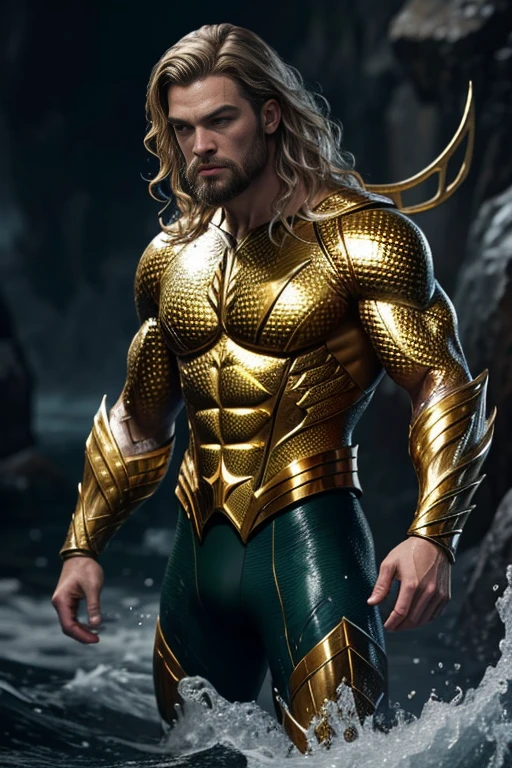 (8k, original photo, best quality, masterpiece: 1.2), Super detailed, Formal art, Photorealism: 1.37, upper body shot, DC Aquaman, film grain, Action pose