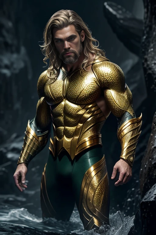 (8k, original photo, best quality, masterpiece: 1.2), Super detailed, Formal art, Photorealism: 1.37, upper body shot, DC Aquaman, film grain, Action pose
