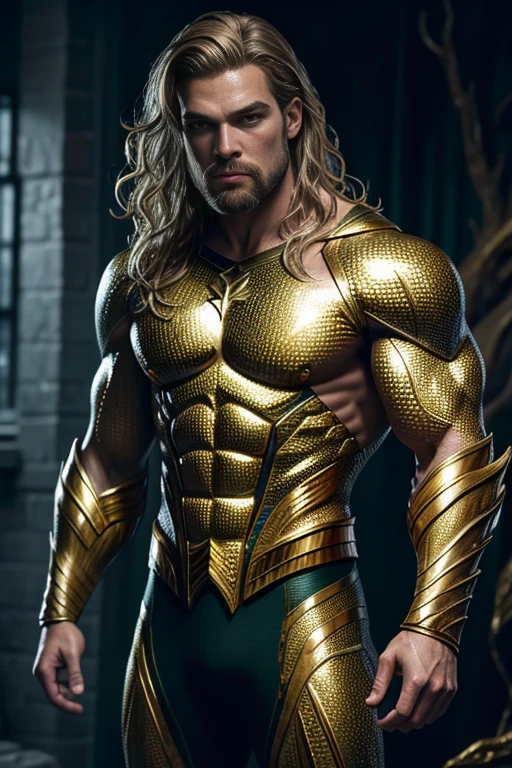 (8k, original photo, best quality, masterpiece: 1.2), Super detailed, Formal art, Photorealism: 1.37, upper body shot, DC Aquaman, film grain, Action pose