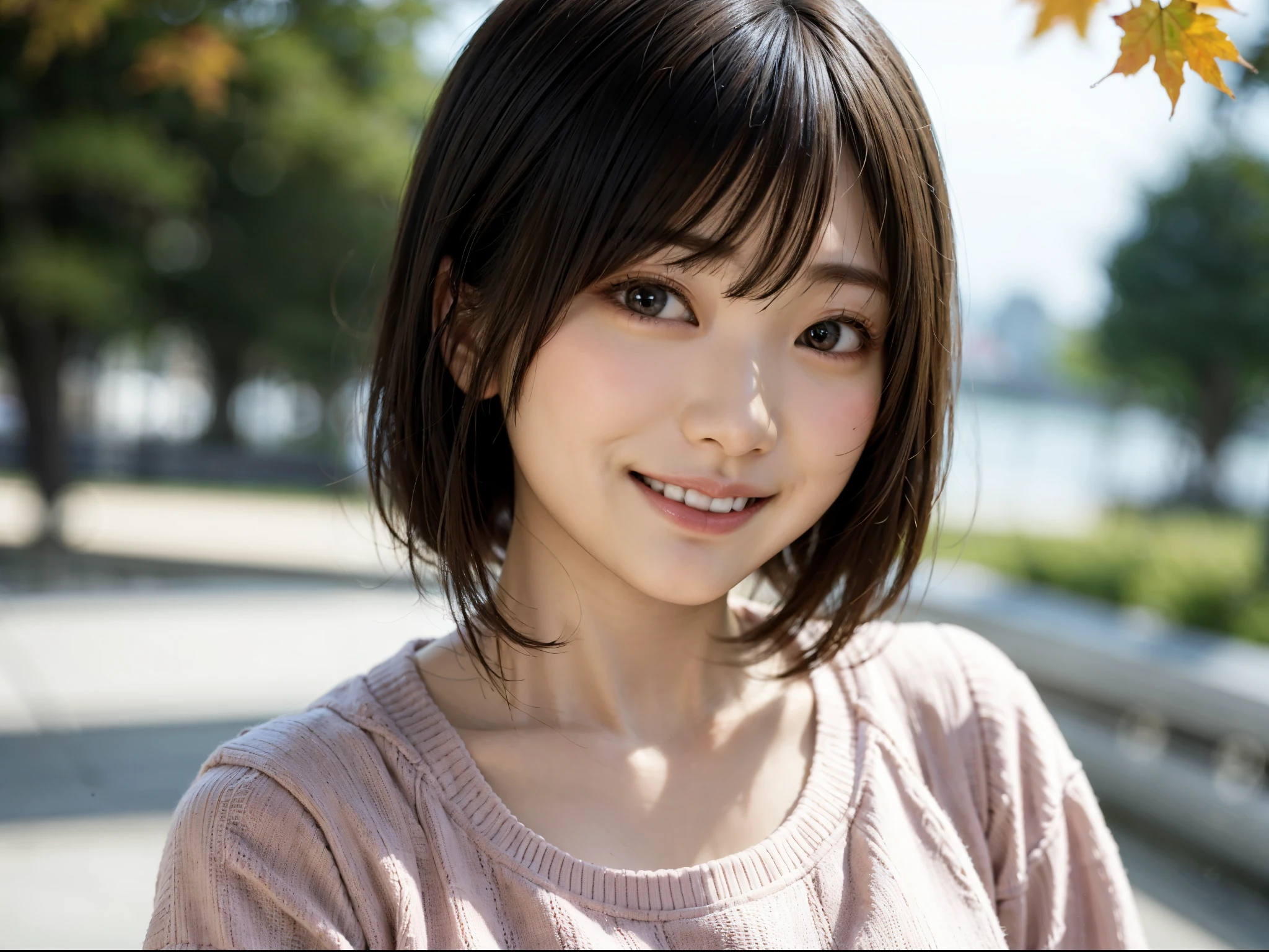 A woman posing with autumn leaves in the background, highest quality, 1アジアpeople々, cute, cute face, rough skin, beautiful smile, bright, photo with blurred background, On a date, Bokeh, outdoors, (street style: 0.8), (people々々, crowd: 1), short hair 1.2, beautiful sky details, (dynamic pose: 1.2), (upper body: 0.8), soft lighting, Wind, Glossy skin, smile, 紅葉のWind景, beautiful long eyes, (sweater: 1.1), (short hair: 1.2), floating hair nova frog style,