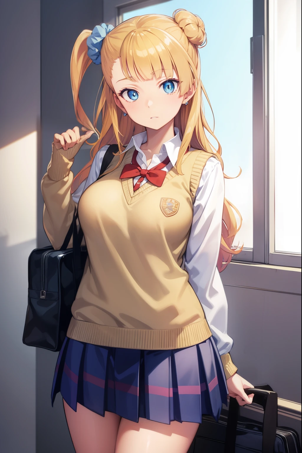 galko, galko, blonde hair, blue eyes, hair bun, hair ornament, hair scrunchie, long hair, one side up, scrunchie, side ponytail, single hair bun,
BREAK earrings, jewelry, pleated skirt, school uniform, skirt, sleeves rolled up, sweater vest,
BREAK looking at viewer, full body,
BREAK indoors, classroom,
BREAK (masterpiece:1.2), best quality, high resolution, unity 8k wallpaper, (illustration:0.8), (beautiful detailed eyes:1.6), extremely detailed face, perfect lighting, extremely detailed CG, (perfect hands, perfect anatomy),