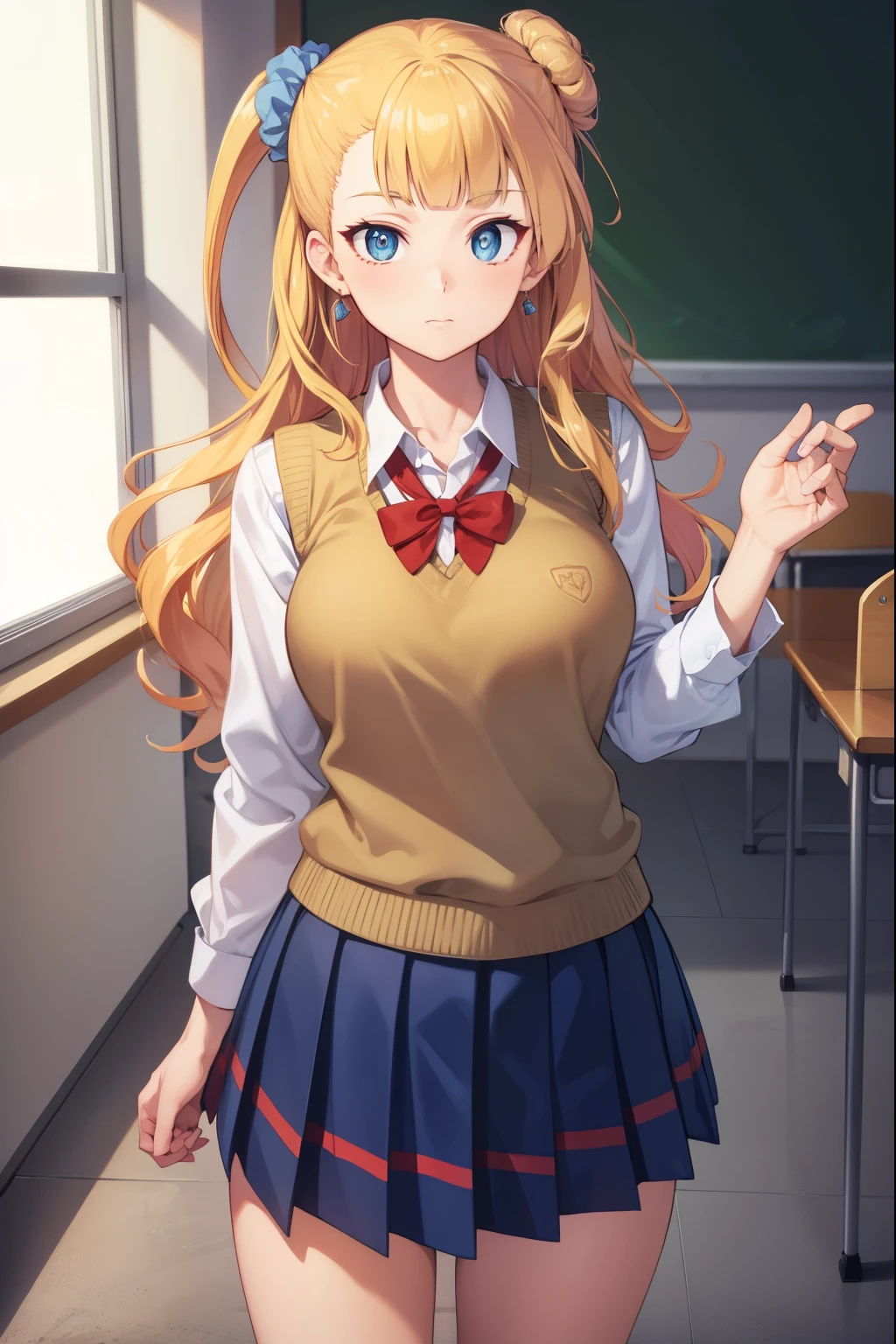 galko, galko, blonde hair, blue eyes, hair bun, hair ornament, hair scrunchie, long hair, one side up, scrunchie, side ponytail, single hair bun,
BREAK earrings, jewelry, pleated skirt, school uniform, skirt, sleeves rolled up, sweater vest,
BREAK looking at viewer, full body,
BREAK indoors, classroom,
BREAK (masterpiece:1.2), best quality, high resolution, unity 8k wallpaper, (illustration:0.8), (beautiful detailed eyes:1.6), extremely detailed face, perfect lighting, extremely detailed CG, (perfect hands, perfect anatomy),