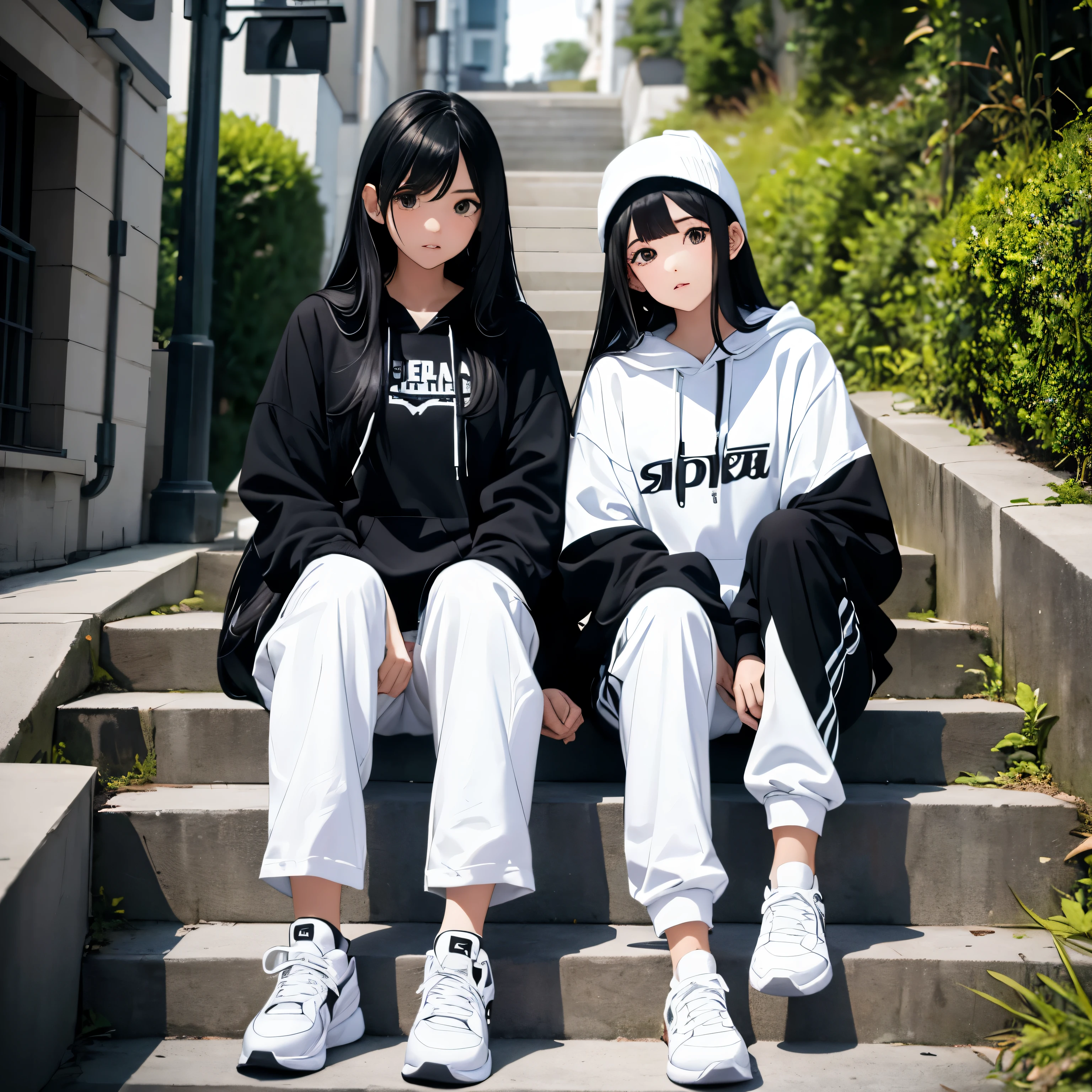 Two beautiful and cute girls, long black hair, white and black hoodie, trousers, sneakers, decent, tall, sit, stairs