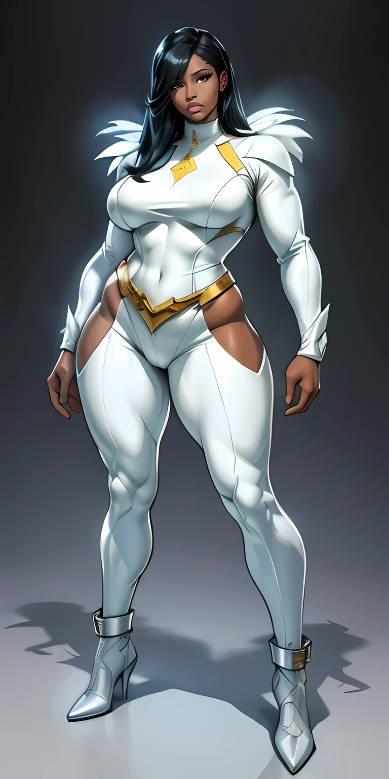 Nicki Minaj cosplaying as Emma Frost from Marvel, ((dark skin)), black hair, well-defined muscular legs, chubby physique, (((wide waist))), frontal, full-length, looking at the camera, facing the audience, standing pose,  background, three-dimensional light, detailed full-body concept, sleek digital concept art, beautiful full-body concept art, art trend, CGsociety full-length,