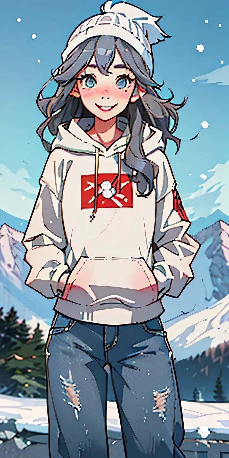 1 girl,whole body , smile, laughter,piece, snow国, hoodie,jeans, knit hat,gray hair, freckles,odd eye, blush, view viewer, wavy hair, cloud, Mountain, snow,