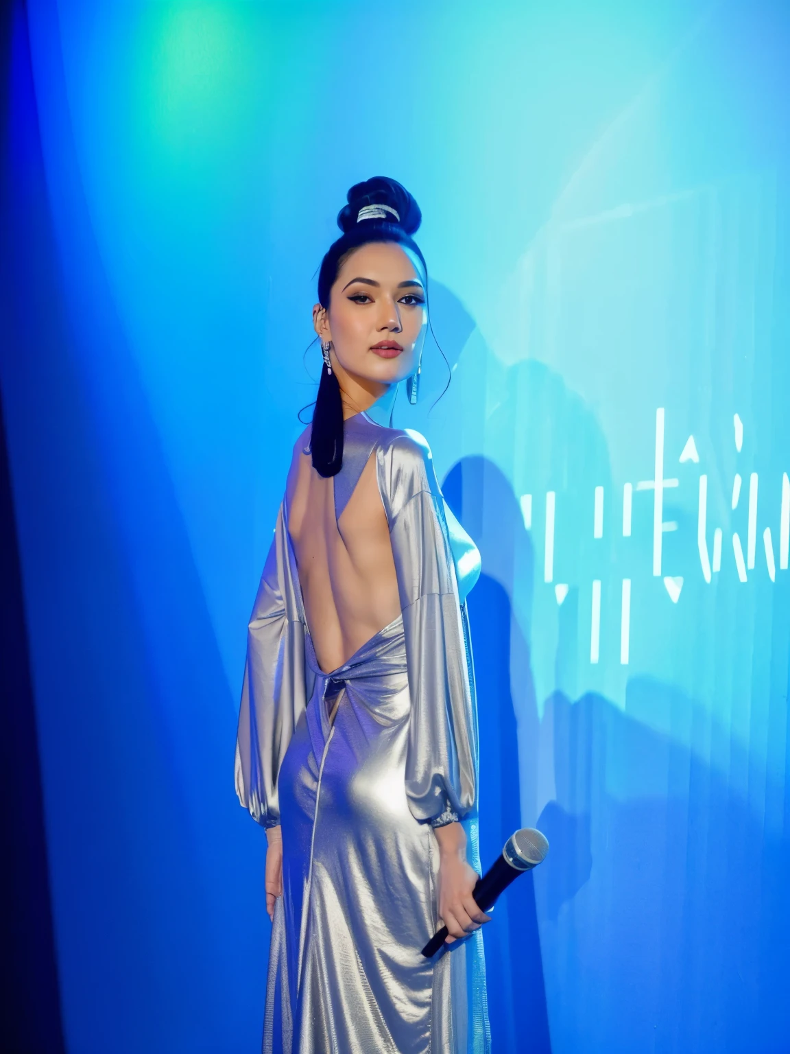 araffe woman in a silver dress standing on stage with a microphone, shot on canon eos r5, shot on canon eos r 5, taken with canon eos 5 d mark iv, solo photoshoot, shot with canon eoa 6 d mark ii, full body xianxia, photo from a promo shoot, shot on nikon z9, captured on canon eos r 6