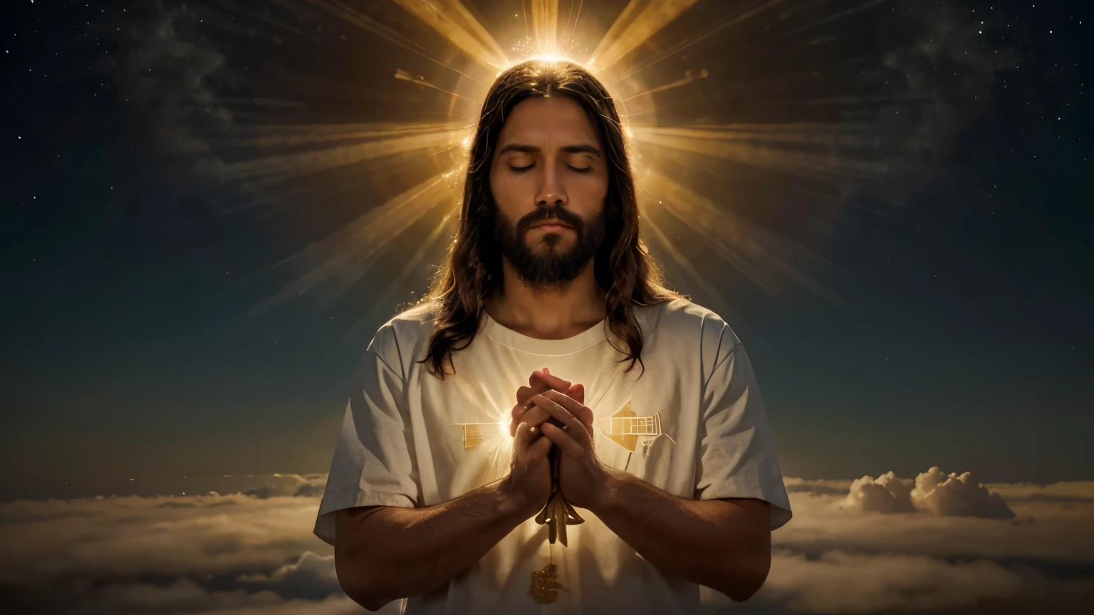 an image of Jesus Christ praying and blessing, perfeito, Reslistic, Biblical setting, celestial scenery, sol e nuvens ultras realistas, flores e velas, Jesus illuminated from heaven