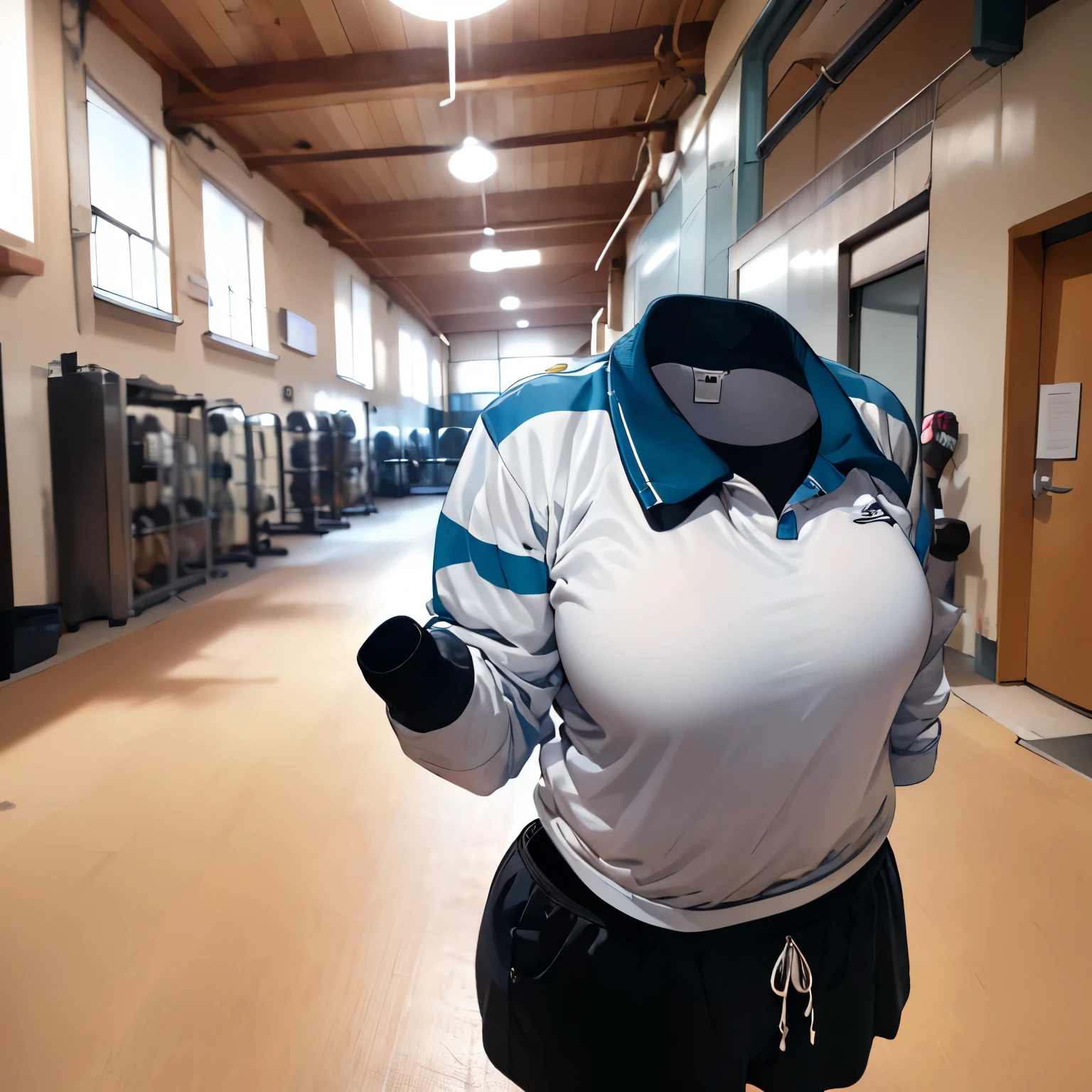 absurdres, highres, ultra detailed, gym uniform, cute big breasts, (invisible, no human, headless, handless:1.5), chubby, (close up to breasts), cute pose