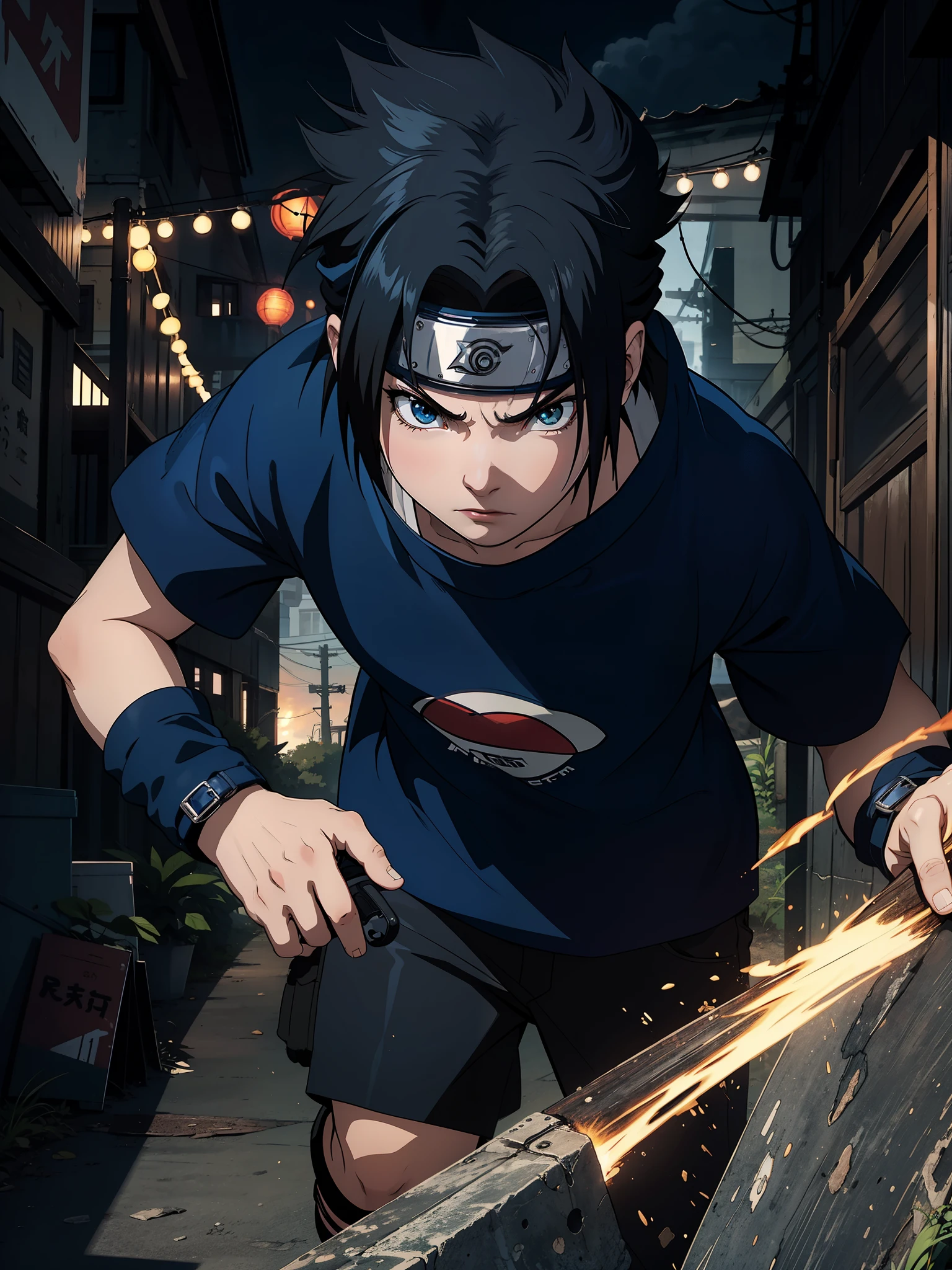 best quality,ultra-detailed,realistic:1.37,Sasuke Uchiha,black shirt,Sharingan eyes,determined expression,intense lighting,Japanese animation style,vivid colors,action scene,background: Hidden Leaf Village,ninja skills,Chidori lightning blade technique,artistic rendering.