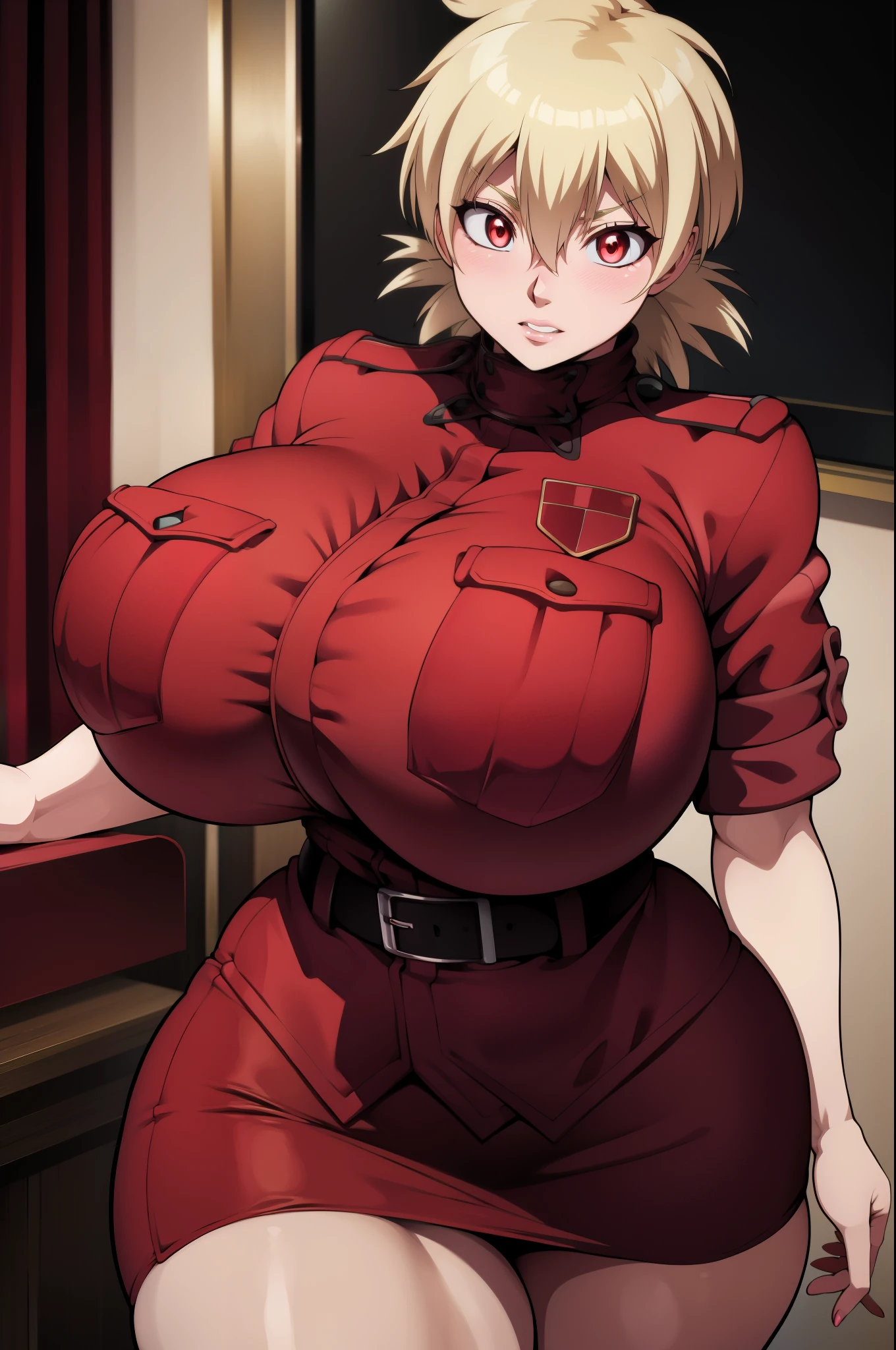 High resolution, Hellsing Ultimate art style, Seras Victoria, 1girl, ((bimbo))), short blond hair, red eyes, puffy lips, thick lips, wide hips, thick thighs, enormous fake breast, huge ass, round fake breasts, romantic cute face, girlfriend, blushing, tight police uniform, red skirt, breasts squeezed together, breasts about burst out of top, close up,