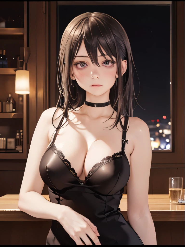 20 year old woman、(masterpiece:1.4)、(In 8K、realistic、Raw photo、highest quality:1.4)、(Real face:1.4)、(real looking skin:1.3)、Super high resolution、超realistic、black iron de low ponytail、black dress、(huge breasts:1.5)、cleavage、choker、blush、fascinating face、night club、PUB、Room with dim lighting、Vivid color painting style、