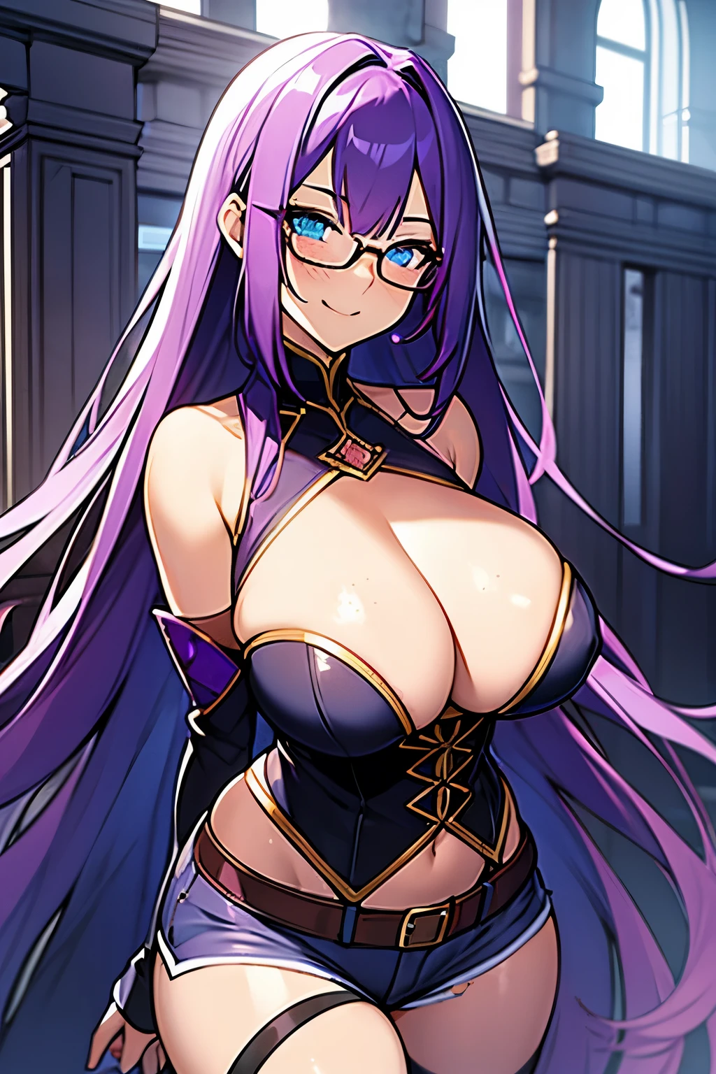 beautiful woman, purple hair, blue eyes, glowing eyes, freckles, gigantic breasts, cleavage, thin body, extremely long hair, strapless bustier, frayed short shorts, thigh high boots, thin frame eyeglasses, bare arms, smiling, blushing, ultra detailed, castle interior