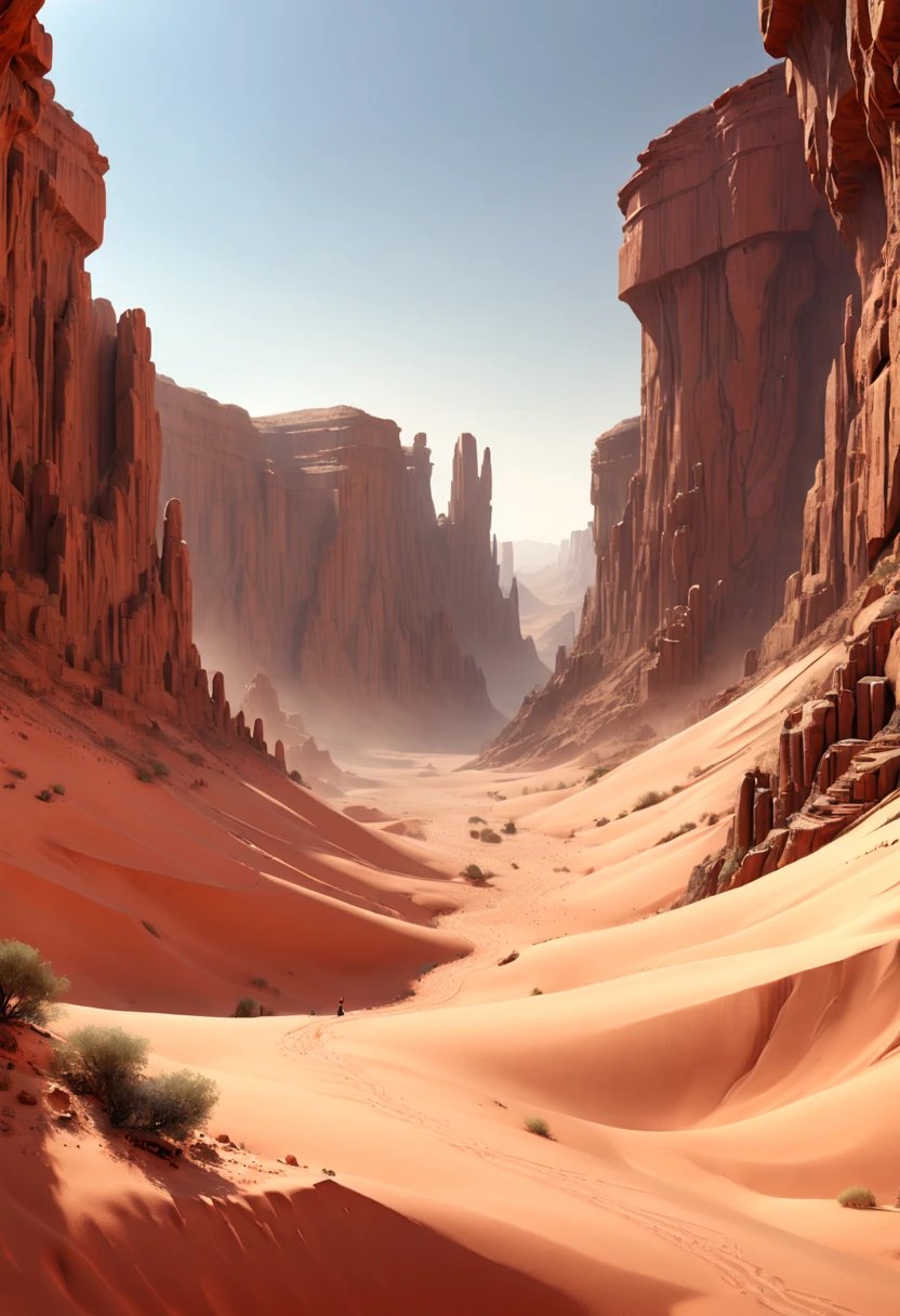 Desert Canyon, octane render, intricate, (best quality, masterpiece, Representative work, official art, Professional, unity 8k wallpaper), (by Jean Giraud:1.2)