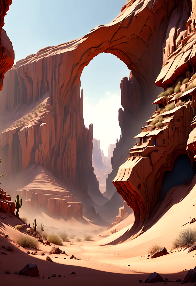 Desert Canyon, octane render, intricate, (best quality, masterpiece, Representative work, official art, Professional, unity 8k wallpaper), (by Will Eisner:1.2)