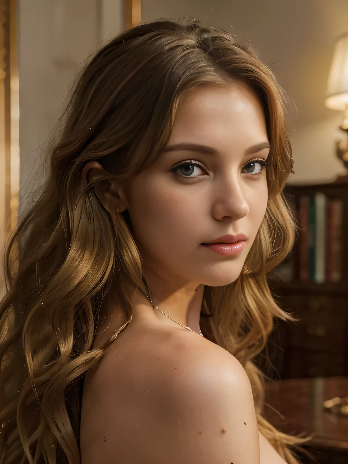 Hyper-cinerealistic full-body-shot photo. A nudist teenager Natalia Vodianova, dark-blonde hyper-long messy hair in Marie-Antoinette's hairstyle, sitting in a luxury armchair in Versailles castle. Her dress is outrageous. Highly cine-realistic face and body. Hyper-intricate details in the hair.  8K, HDR quality.