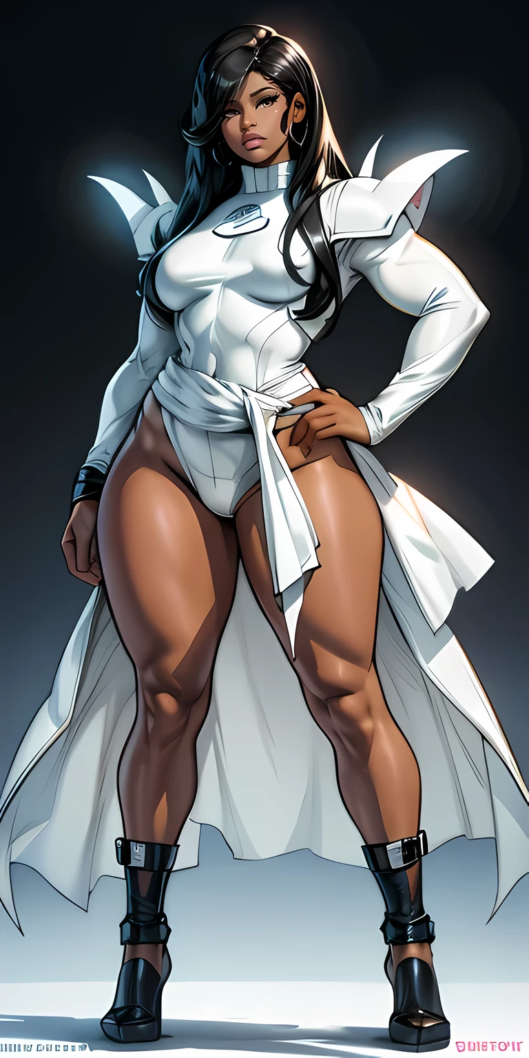 Nicki Minaj cosplaying as Emma Frost from Marvel, ((dark skin)), black hair, well-defined muscular legs, chubby physique, (((wide waist))), frontal, full-length, looking at the camera, facing the audience, standing pose, background, three-dimensional light, detailed full-body concept, sleek digital concept art, beautiful full-body concept art, art trend, CGsociety full-length,