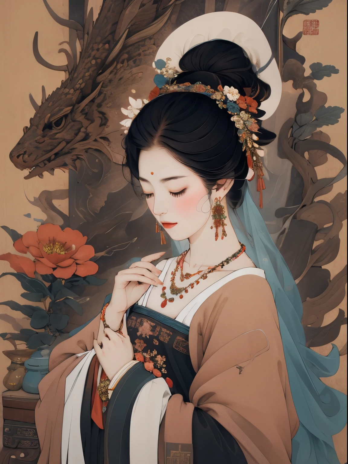 masterpiece, 1girl, nail_polish, jewelry, necklace, black_hair, closed_eyes, solo, dress,black_hair, ancient art, chinese, flowers
