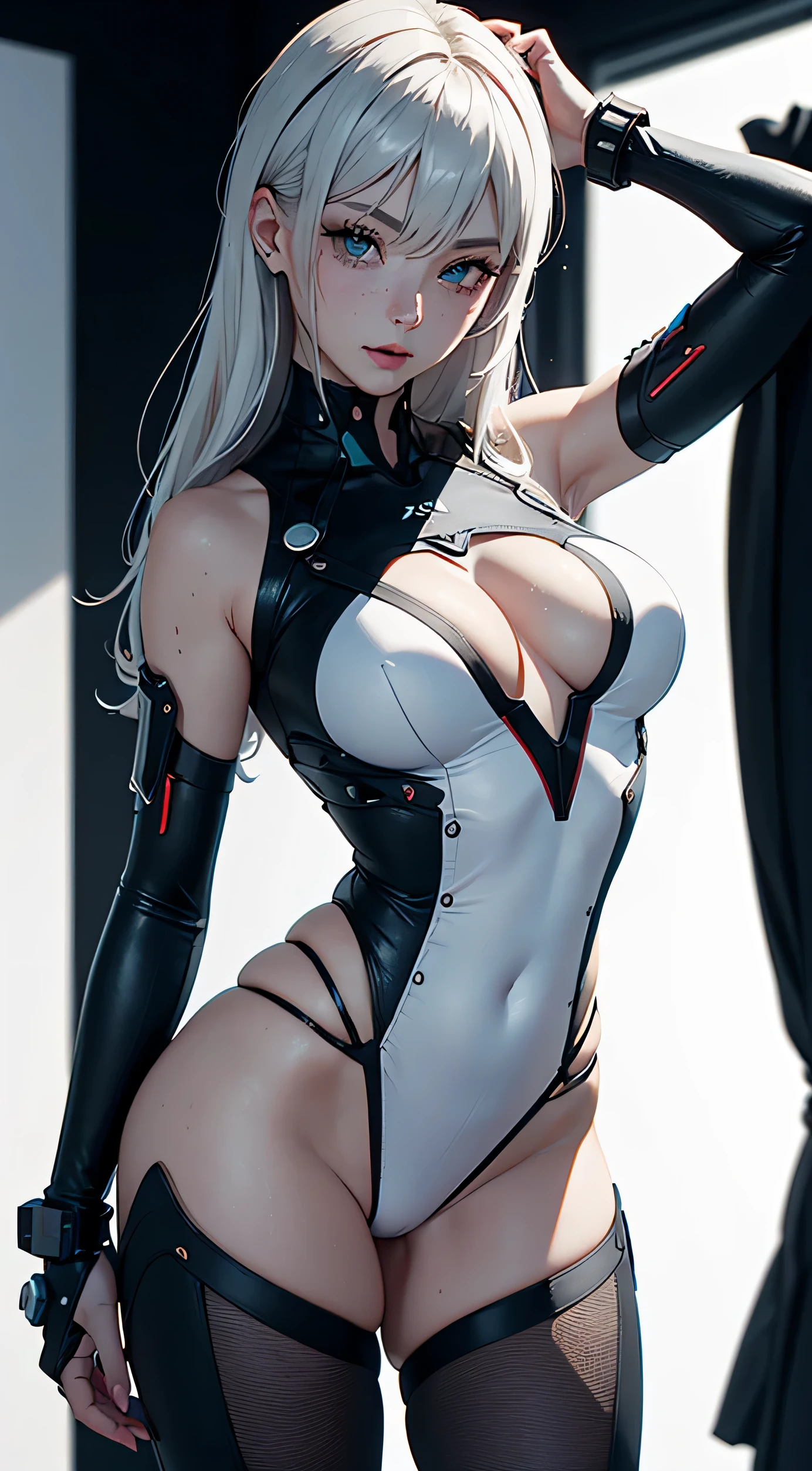 (((young white woman))), ((best quality)), ((Meisterwerk)), (Detail: 1.4), 3D, A beautiful cyberpunk woman wearing a Simon Bisley style micro thong, Kleidung im Neon-Stil von Genesis Evangelion, 2-teilige Kleidung, langes silbernes Haar, Arm Tatoo, Cybernetic hands, Pastell, zentriert, skalieren, um sie an die Abmessungen anzupassen, nffsw (Hoher Dynamikbereich),Raytracing,NVIDIA RTX,Hyper-resolution,Unwirklich 5,Untergrunddispersion, PBR-Textur, Nachbearbeitung, Anisotropiefilterung, depth of field, maximum clarity and sharpness, Mehrschichtige Texturen, Albedo- und Spiegelkarten, Surface shading, genaue Simulation von Licht- und Materialwechselwirkungen, perfekte Proportionen, Oktanputz, zweifarbige Beleuchtung, large aperture, niedriger ISO-Wert, White balance, Drittelregel, 8K RAW, Crysisnanosuit,Loraeyes,habe nicht geschrieben,Strumpfhose, Sommersprossen, NSFW, sexuelle Pose ,hochdetailliert, 300dpi, Pornostar, ((((White background))), (((Betrachter schaut sie von oben an, sexy Pose))), (((Flirt))), blaue Augen