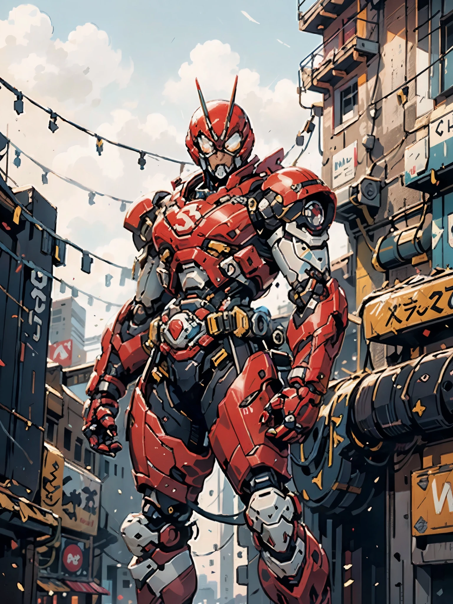 A super  a high-tech biotech battle suit, standing on a rooftop, looking over the city, Japanese tokusatsu and American comic style, biometallic texture of the suit, sleek and shiny, dynamic, fast, natural light, cinematic, high quality, high resolution, high detail, sophisticated design, dramatic, high definition, ultra-detailed, ultra-fine painting, extremely delicate, creativity, Natural light, cinematic lighting, best shadow, masterpiece-anatomy-perfect