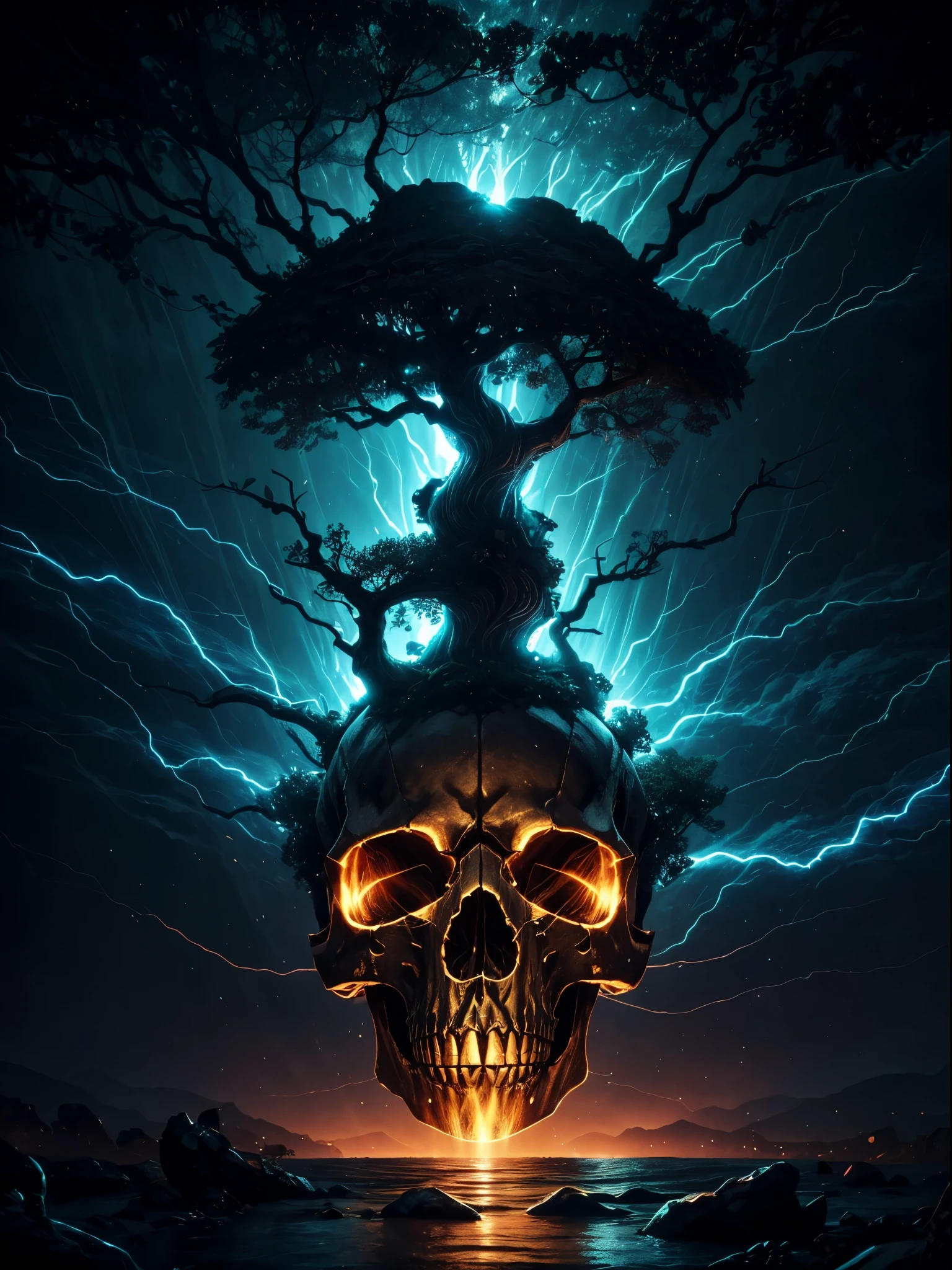 (Best picture quality, 4K, 8K, High resolution, Masterpiece: 1.2), ultra detailed, realistic: 1.37, a close up of the head of the metal skull, an altar composed of abstract twisted roots drags a very large (mysterious skull made of metal), above the skull is a bizarre waterfall, light composition, (rainbow, rainbow around the skull), full of energy, circular composition illustrates the effects of various structural forces, alone, decorative elements, dreamlike decorative combinations,