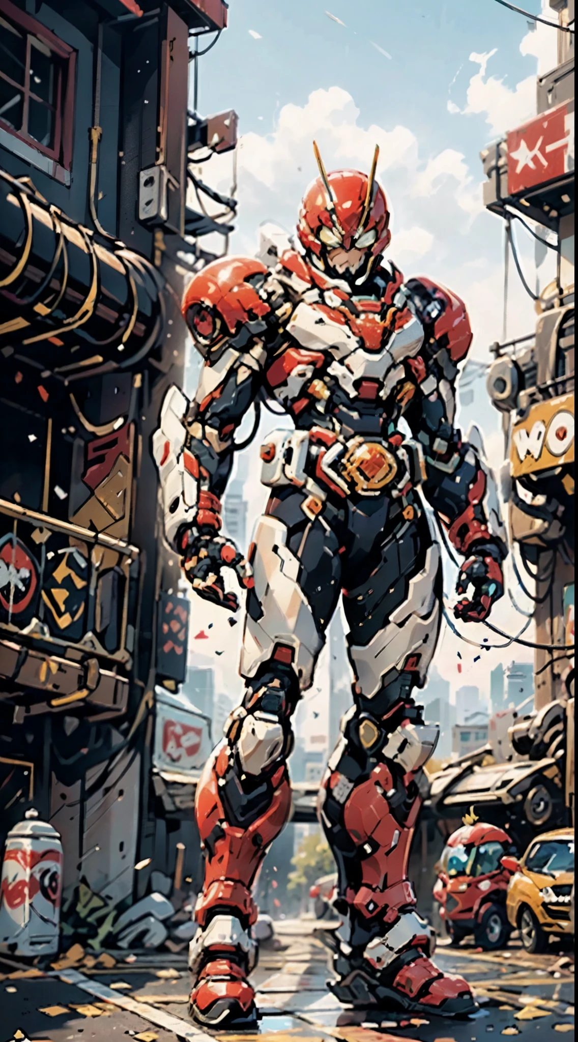 A super a high-tech biotech battle suit, standing on a rooftop, looking over the city, Japanese tokusatsu and American comic style, biometallic texture of the suit, sleek and shiny, dynamic, fast, natural light, cinematic, high quality, high resolution, high detail, sophisticated design, dramatic, high definition, ultra-detailed, ultra-fine painting, extremely delicate, creativity, Natural light, cinematic lighting, best shadow, masterpiece-anatomy-perfect