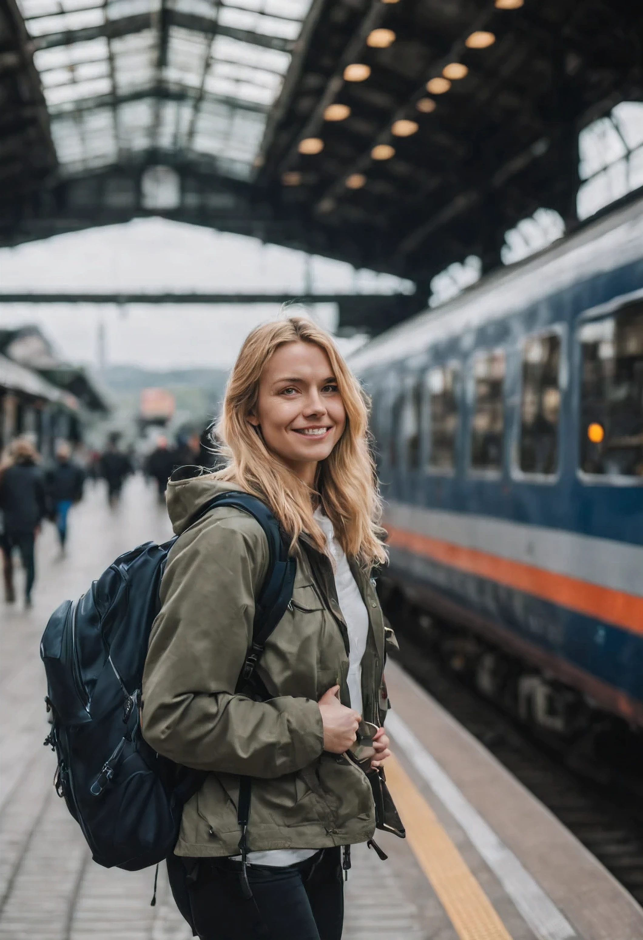 One 20 jung german woman with blonde hair., She smiles., She is on the trainstation and wait for the train., She wears weatherproof clothing and has a huge backpack on her back., She looks in the camera directly., atmospheric sight, ((high quality)), ((best quality)), ((realistic)), year 2024, 8k, UHD, RAW, Canon R, soft light, trainstation, german trainstation